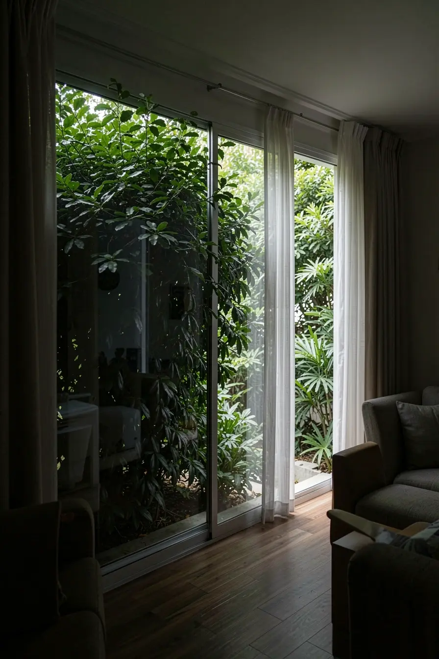 arbusto-denso-bloqueia-a-janela-e-escurece-a-sala-mostrando-o-risco-de-plantar-sem-preservar-a-abertura O jardim que refresca a casa começa na escolha do lugar para plantar arbusto-denso-bloqueia-a-janela-e-escurece-a-sala-mostrando-o-risco-de-plantar-sem-preservar-a-abertura O jardim que refresca a casa começa na escolha do lugar para plantar