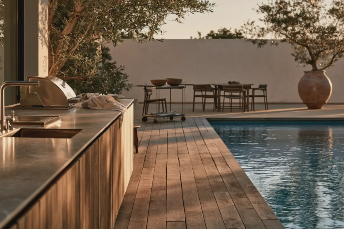 area-gourmet-compacta-ao-lado-da-piscina-com-bancada-linear-em-porcelanato-echurrasqueira-embutida Sua área gourmet com piscina pode ficar linda e bem decorada se você usar essas dicas area-gourmet-compacta-ao-lado-da-piscina-com-bancada-linear-em-porcelanato-echurrasqueira-embutida Sua área gourmet com piscina pode ficar linda e bem decorada se você usar essas dicas