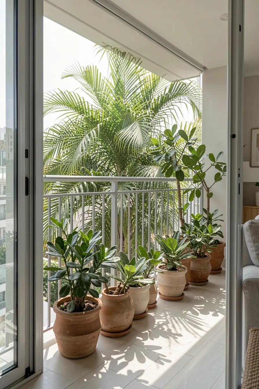 areca-e-clusia-em-vasos-espacados-filtram-olhares-na-sacada-sem-bloquear-a-luz-ou-a-paisagem Privacidade na sacada do apartamento: plantas que protegem sem fechar o ambiente areca-e-clusia-em-vasos-espacados-filtram-olhares-na-sacada-sem-bloquear-a-luz-ou-a-paisagem Privacidade na sacada do apartamento: plantas que protegem sem fechar o ambiente
