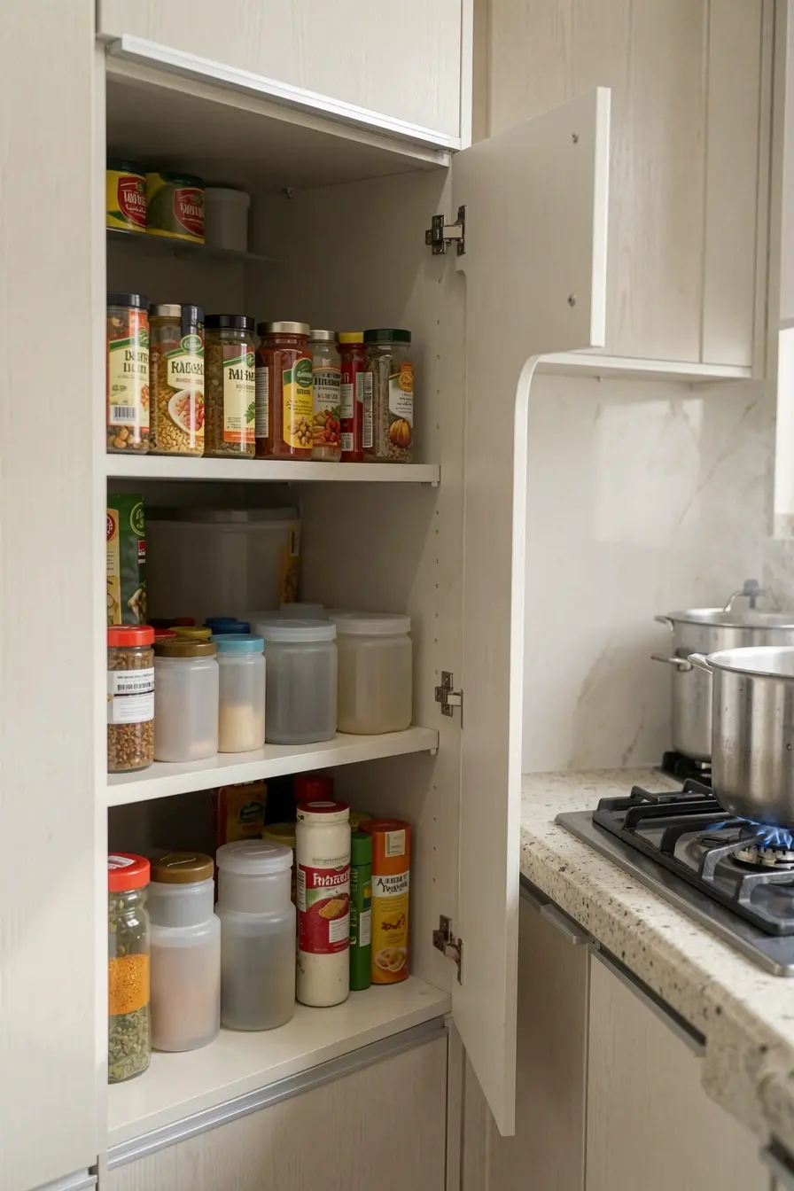 armario-de-cozinha-com-temperos-usados-diariamente-separados-do-estoque-e-protegidos-do-calor Potes de temperos perto do fogão parecem práticos, mas podem perder qualidade armario-de-cozinha-com-temperos-usados-diariamente-separados-do-estoque-e-protegidos-do-calor Potes de temperos perto do fogão parecem práticos, mas podem perder qualidade