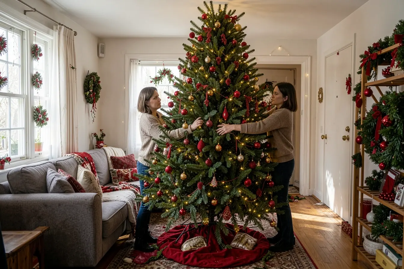 arvore-de-natal-larga-bloqueando-a-passagem-em-sala-compacta-e-sendo-reposicionada-por-uma-mulher A árvore de Natal pode pesar na sala: sinais de que o tamanho não combina arvore-de-natal-larga-bloqueando-a-passagem-em-sala-compacta-e-sendo-reposicionada-por-uma-mulher A árvore de Natal pode pesar na sala: sinais de que o tamanho não combina