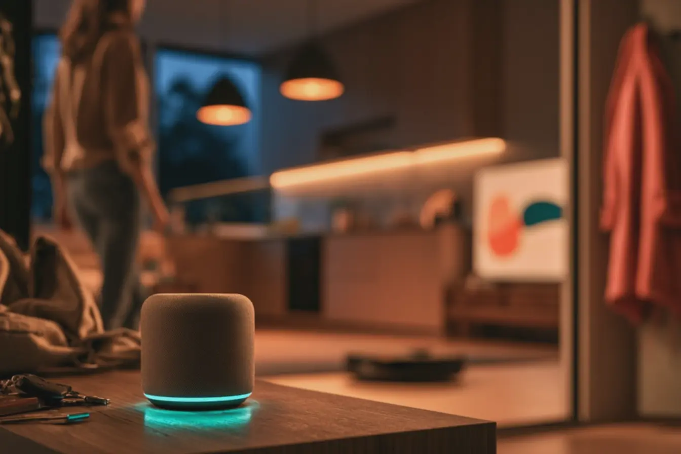 assistente-de-voz-com-luz-de-anel-turquesa-em-movel-de-madeira-proximo-a-chavese-bolsa Inteligência Artificial dentro de casa. Você aceitaria essas novidades? assistente-de-voz-com-luz-de-anel-turquesa-em-movel-de-madeira-proximo-a-chavese-bolsa Inteligência Artificial dentro de casa. Você aceitaria essas novidades?