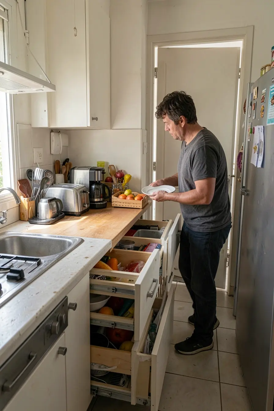 bancada-extensivel-ocupa-a-passagem-da-cozinha-enquanto-pessoa-tenta-chegar-a-geladeira Na cozinha pequena, os móveis que ajudam também podem apertar o ambiente bancada-extensivel-ocupa-a-passagem-da-cozinha-enquanto-pessoa-tenta-chegar-a-geladeira Na cozinha pequena, os móveis que ajudam também podem apertar o ambiente