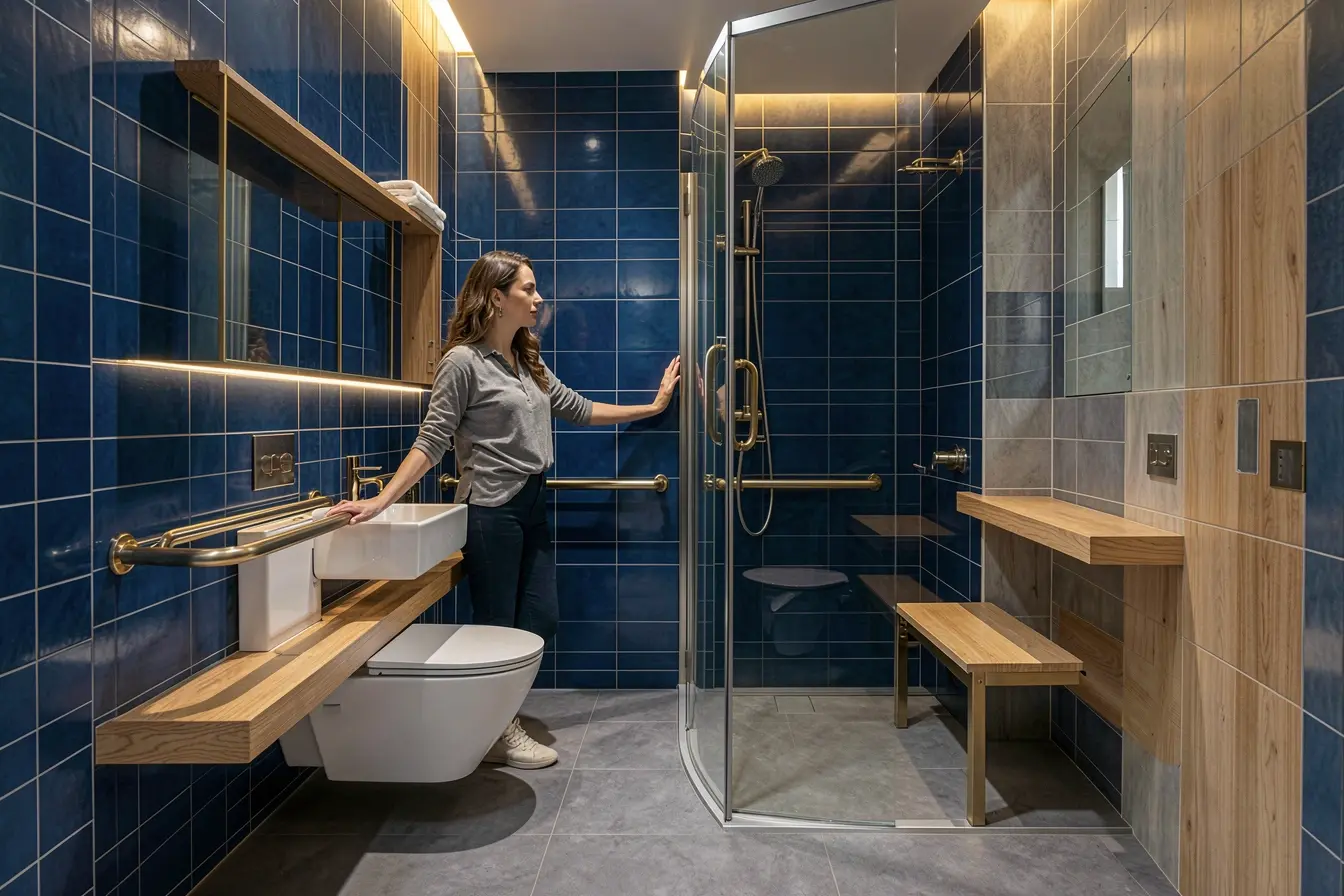 banheiro-acessivel-elegante-com-barra-de-apoio-integrada-box-aberto-cores-contemporaneas-e-mulher-usando-o-ambiente Banheiro acessível sem cara de hospital: escolhas que preservam conforto e beleza banheiro-acessivel-elegante-com-barra-de-apoio-integrada-box-aberto-cores-contemporaneas-e-mulher-usando-o-ambiente Banheiro acessível sem cara de hospital: escolhas que preservam conforto e beleza