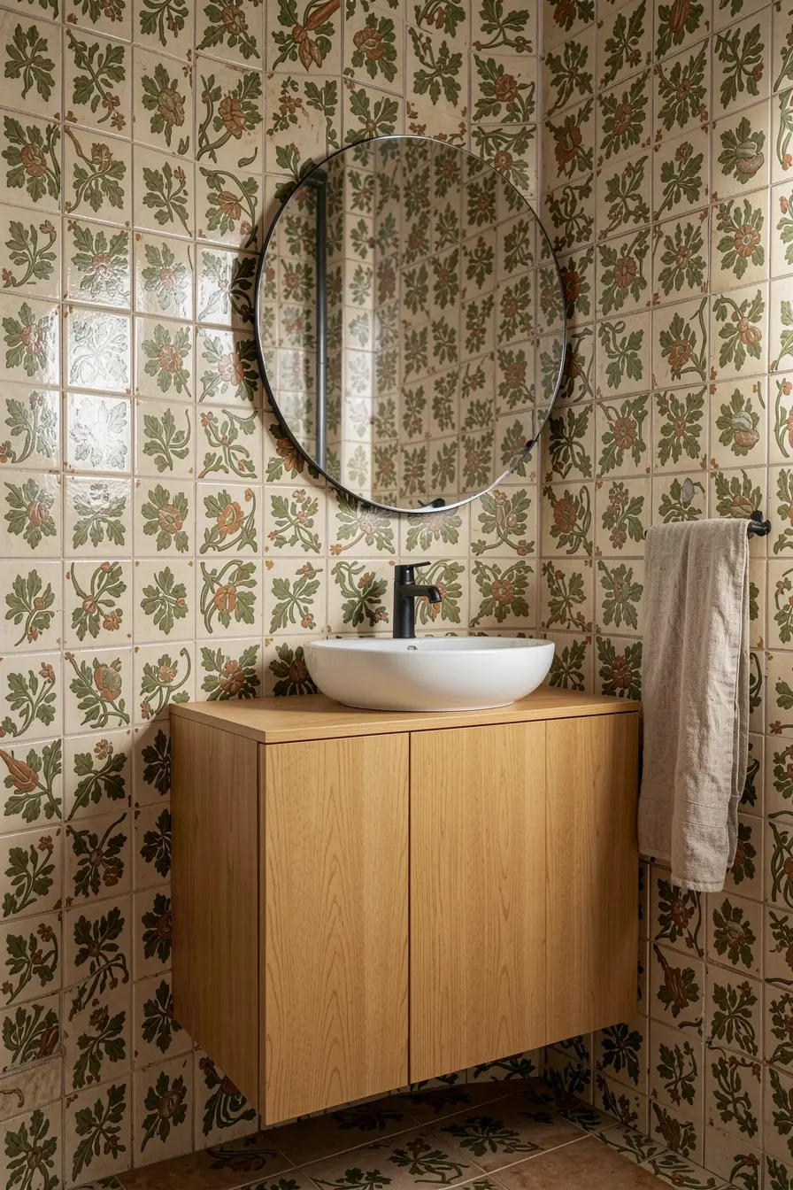 banheiro-com-azulejos-florais-antigos-gabinete-de-madeira-natural-e-acessorios-contemporaneos-neutros Azulejos dos anos 60 com móveis atuais: combinações que equilibram o retrô banheiro-com-azulejos-florais-antigos-gabinete-de-madeira-natural-e-acessorios-contemporaneos-neutros Azulejos dos anos 60 com móveis atuais: combinações que equilibram o retrô