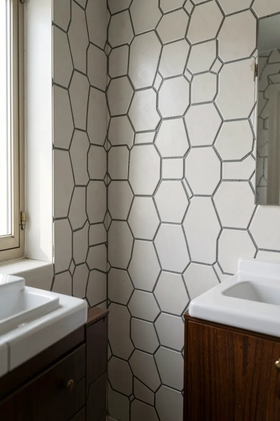 banheiro-com-azulejos-hexagonais-claros-e-rejunte-grafite-destacando-formatos-geometricos A cor do rejunte pode valorizar ou apagar as cores de azulejos da sua casa banheiro-com-azulejos-hexagonais-claros-e-rejunte-grafite-destacando-formatos-geometricos A cor do rejunte pode valorizar ou apagar as cores de azulejos da sua casa