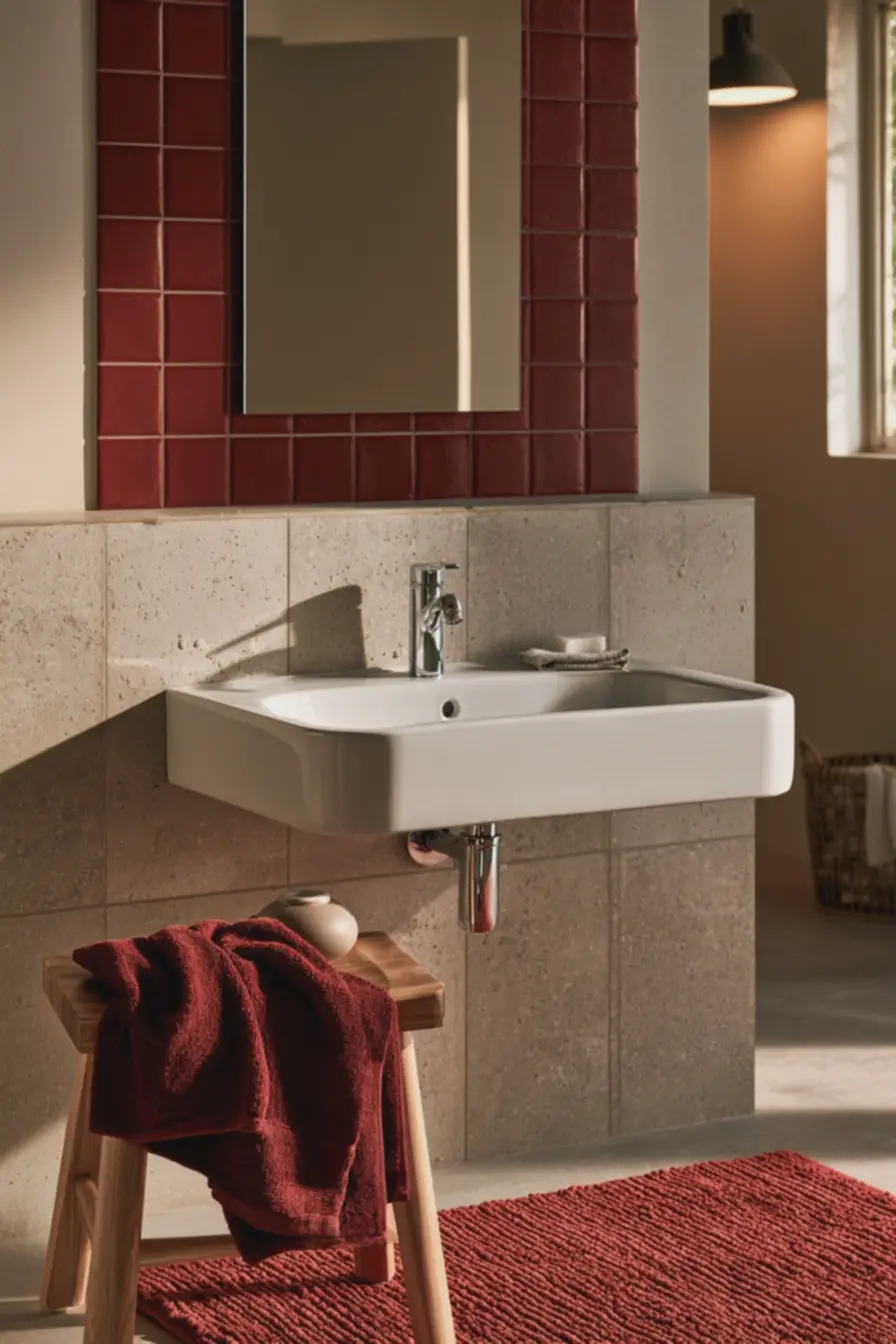 banheiro-compacto-com-faixa-vertical-de-azulejos-marsala-ao-redor-do-espelho Exemplos de decoração marsala que encantam pela beleza e elegância banheiro-compacto-com-faixa-vertical-de-azulejos-marsala-ao-redor-do-espelho Exemplos de decoração marsala que encantam pela beleza e elegância
