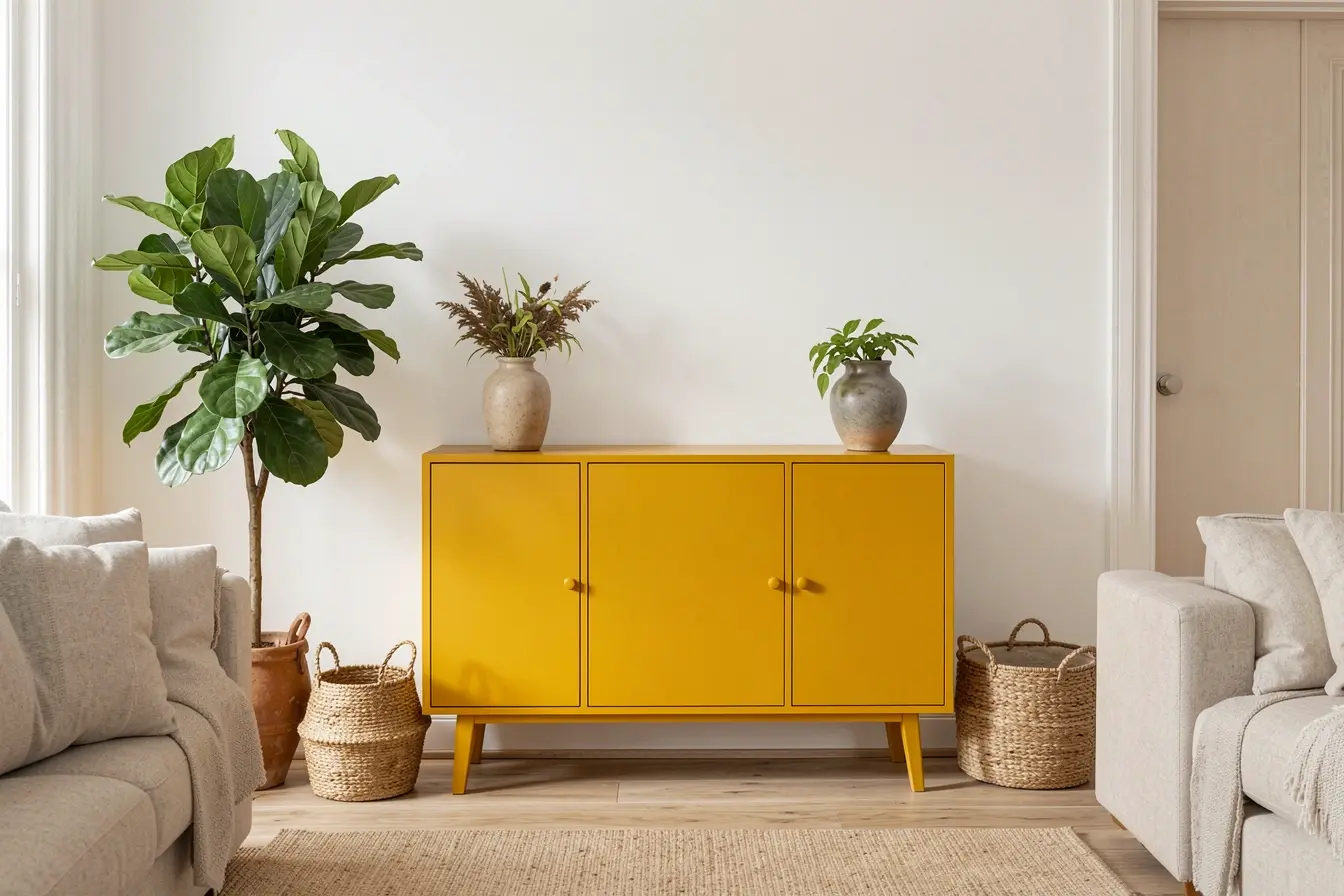 buffet-amarelo-mostarda-cercado-por-planta-cesta-e-vaso-natural-para-suavizar-a-cor-intensa O que colocar ao redor de um móvel pintado para valorizar a peça sem sobrecarregar o ambiente buffet-amarelo-mostarda-cercado-por-planta-cesta-e-vaso-natural-para-suavizar-a-cor-intensa O que colocar ao redor de um móvel pintado para valorizar a peça sem sobrecarregar o ambiente