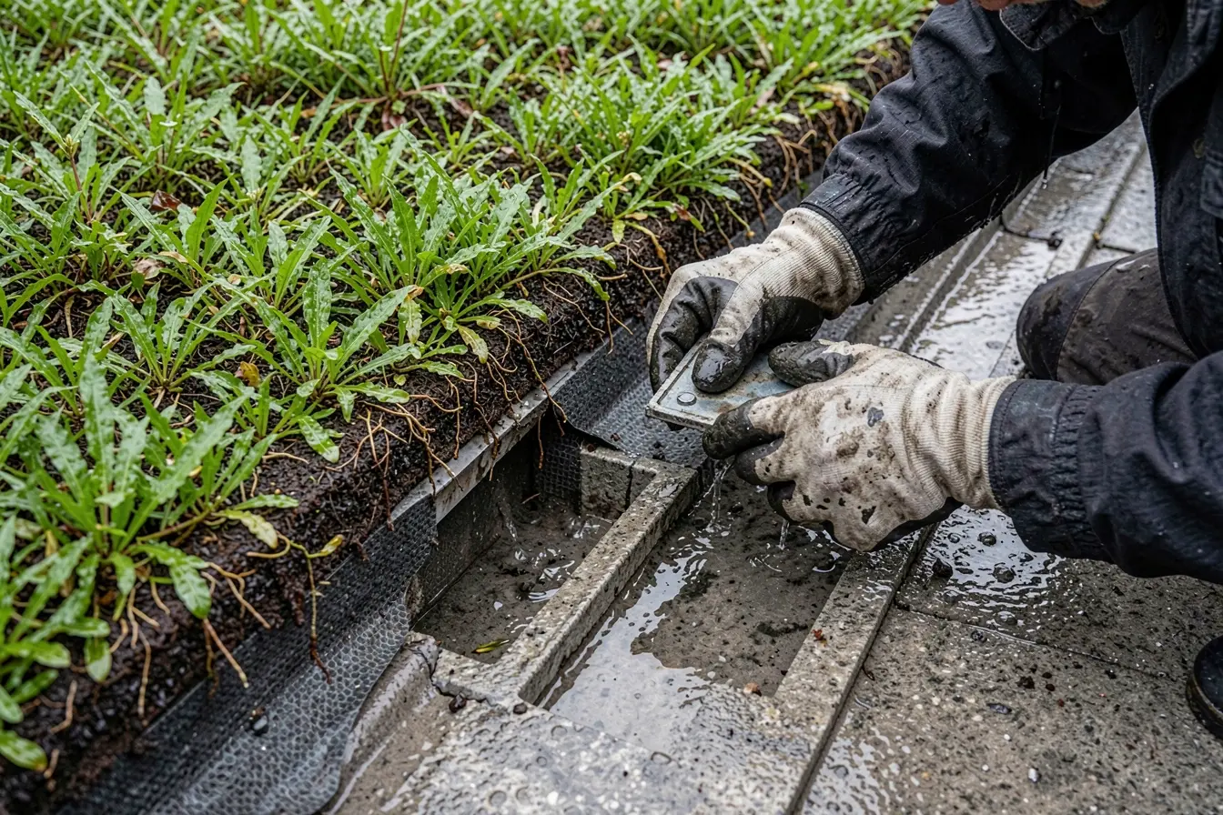 camadas-de-um-telhado-verde-reveladas-durante-manutencao-apos-a-chuva-com-substrato-e-drenagem-conduzindo-a-agua Telhado verde na chuva: o que acontece com a água depois que ela cai camadas-de-um-telhado-verde-reveladas-durante-manutencao-apos-a-chuva-com-substrato-e-drenagem-conduzindo-a-agua Telhado verde na chuva: o que acontece com a água depois que ela cai