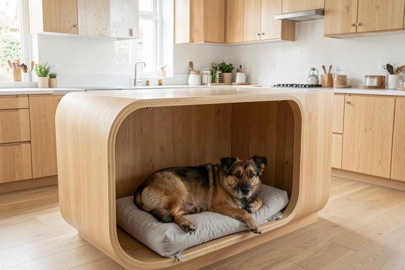 cao-descansando-em-abrigo-integrado-ao-vao-sob-a-bancada-da-cozinha-planejada Nichos, passagens e áreas de descanso: a marcenaria pensada para cães e gatos cao-descansando-em-abrigo-integrado-ao-vao-sob-a-bancada-da-cozinha-planejada Nichos, passagens e áreas de descanso: a marcenaria pensada para cães e gatos