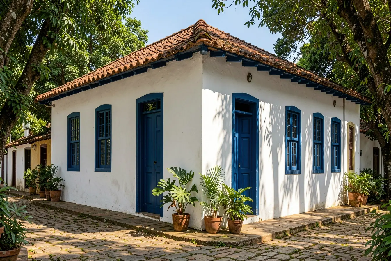 casa-colonial-branca-com-janelas-azuis-telhado-de-barro-e-vegetacao-integrada-a-paisagem-historica Por que as cores das fachadas de casas coloniais raramente eram escolhidas por acaso casa-colonial-branca-com-janelas-azuis-telhado-de-barro-e-vegetacao-integrada-a-paisagem-historica Por que as cores das fachadas de casas coloniais raramente eram escolhidas por acaso