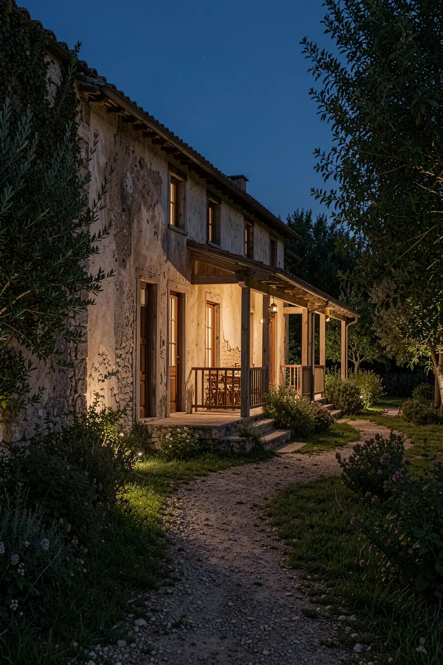 casa-de-campo-com-fachada-varanda-caminho-e-jardim-iluminados-em-equilibrio-durante-a-noite A iluminação noturna revela o que falta nas fachadas de casas de campo casa-de-campo-com-fachada-varanda-caminho-e-jardim-iluminados-em-equilibrio-durante-a-noite A iluminação noturna revela o que falta nas fachadas de casas de campo