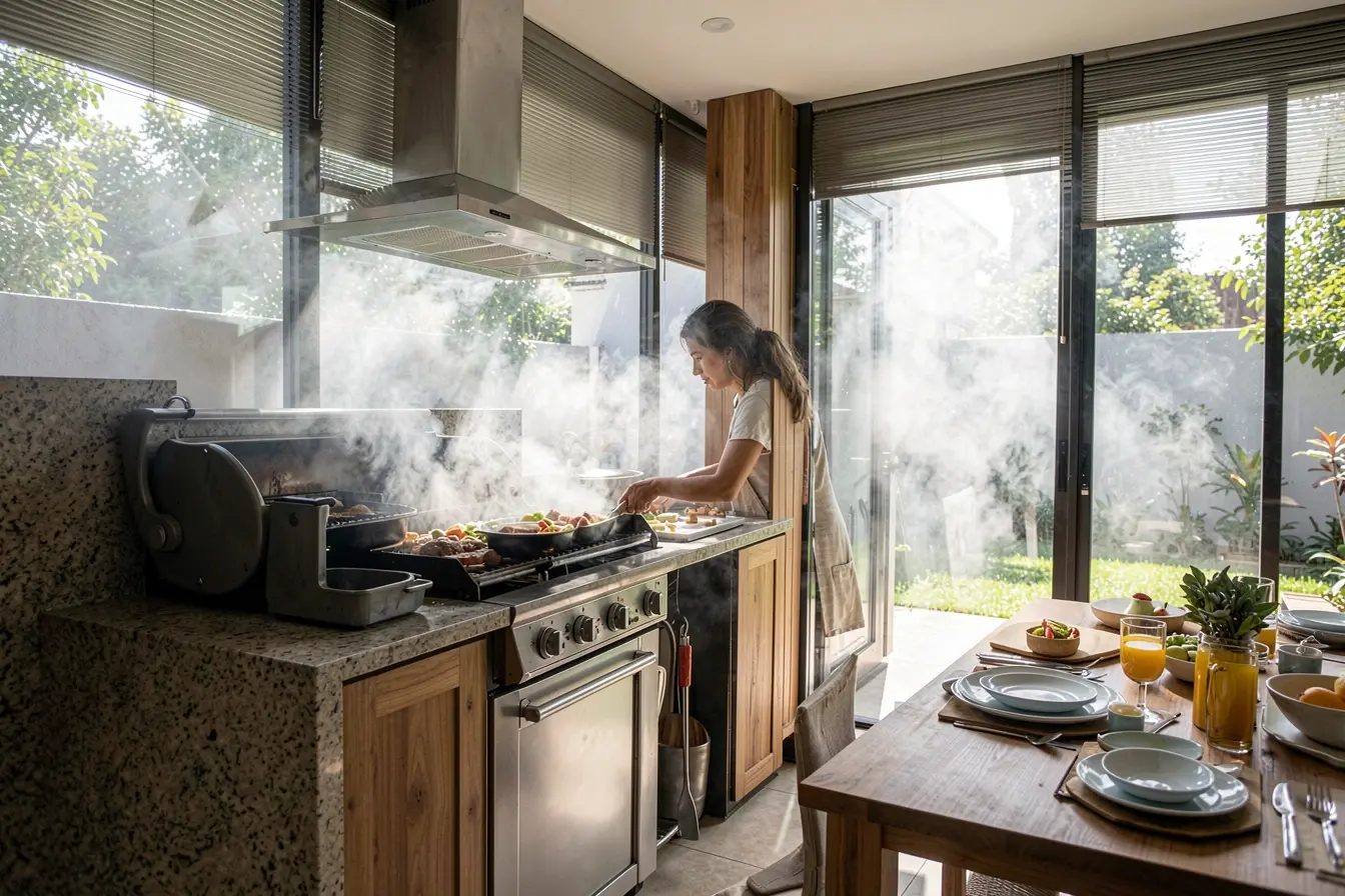 churrasqueira-em-area-gourmet-de-vidro-com-porta-aberta-coifa-e-ventilacao-durante-o-preparo Área gourmet fechada com vidro e o desafio do calor: soluções que funcionam churrasqueira-em-area-gourmet-de-vidro-com-porta-aberta-coifa-e-ventilacao-durante-o-preparo Área gourmet fechada com vidro e o desafio do calor: soluções que funcionam