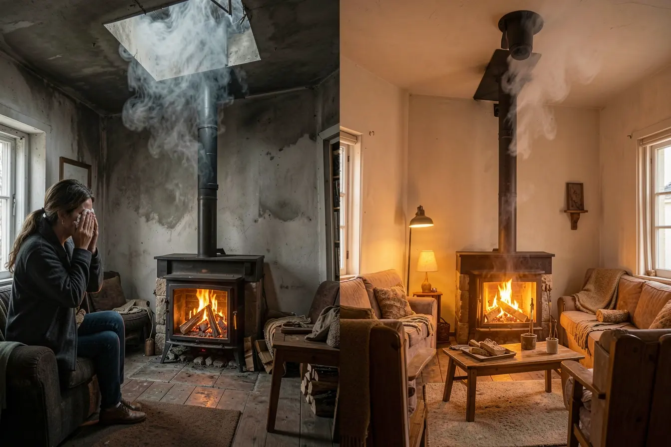 comparacao-entre-chamine-mal-dimensionada-com-fumaca-e-instalacao-correta-em-sala-com-fogao-a-lenha A chaminé certa para o fogão a lenha evita fumaça e calor excessivo comparacao-entre-chamine-mal-dimensionada-com-fumaca-e-instalacao-correta-em-sala-com-fogao-a-lenha A chaminé certa para o fogão a lenha evita fumaça e calor excessivo
