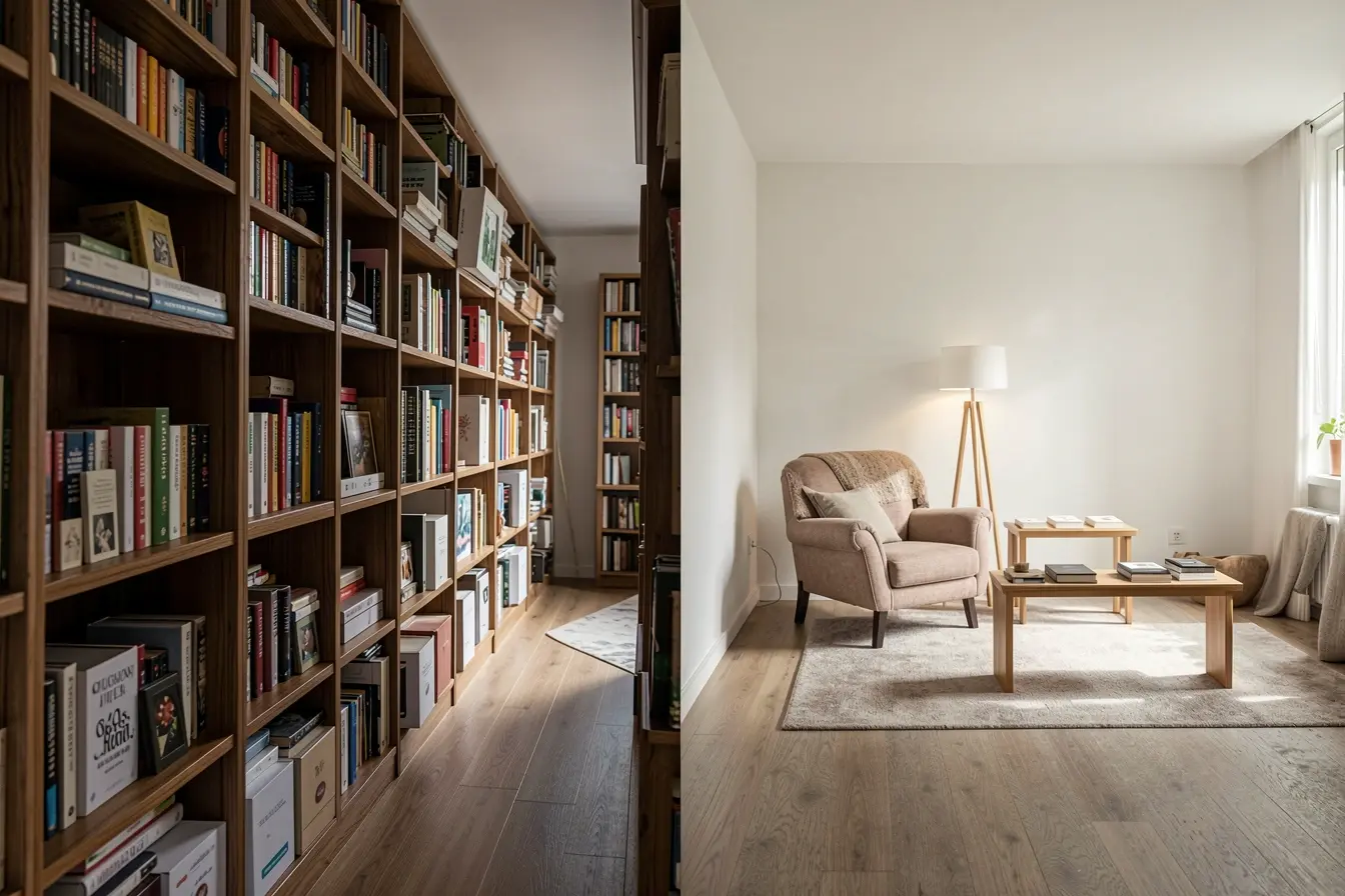 contraste-entre-sala-com-estante-lotada-e-canto-de-leitura-leve-funcional-e-integrado O canto de leitura que dá sentido a uma sala analógica sem deixá-la com cara de biblioteca contraste-entre-sala-com-estante-lotada-e-canto-de-leitura-leve-funcional-e-integrado O canto de leitura que dá sentido a uma sala analógica sem deixá-la com cara de biblioteca
