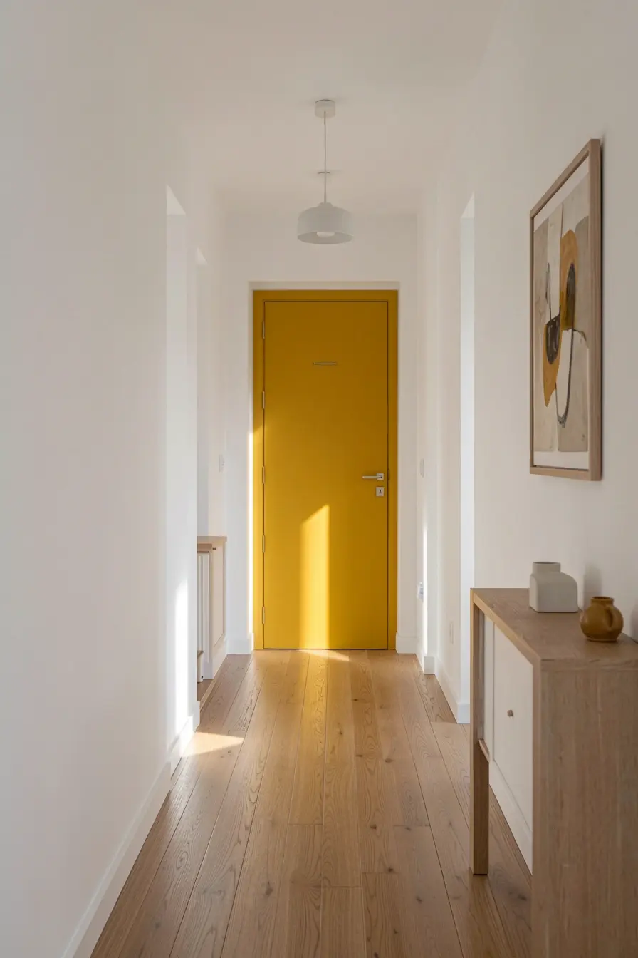corredor-branco-com-porta-amarelo-mostarda-destacada-como-ponto-de-cor-e-guia-visual-entre-os-ambientes A cor não precisa dominar: os pontos certos para romper a monotonia da casa neutra corredor-branco-com-porta-amarelo-mostarda-destacada-como-ponto-de-cor-e-guia-visual-entre-os-ambientes A cor não precisa dominar: os pontos certos para romper a monotonia da casa neutra