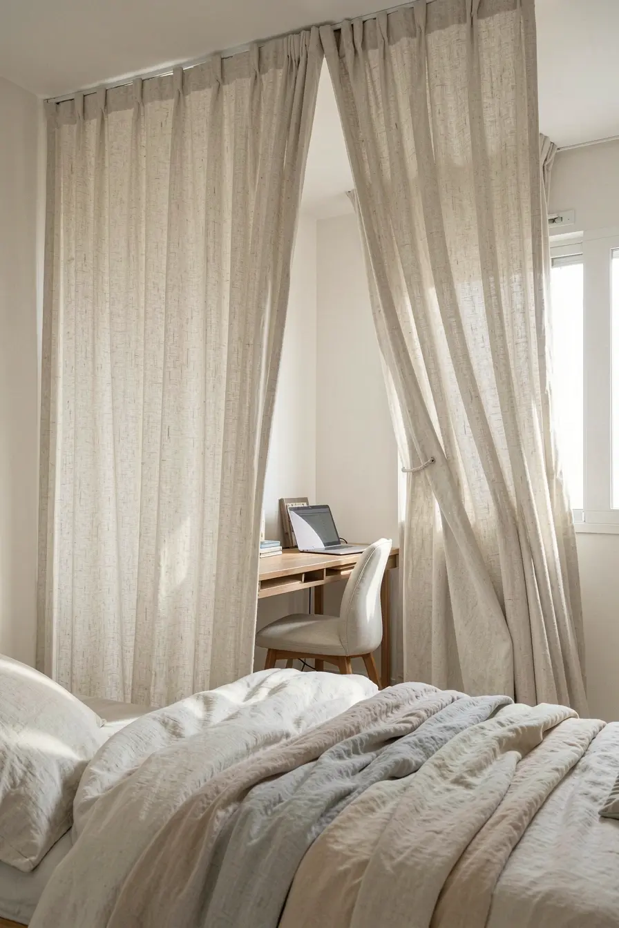 cortina-de-linho-separa-cama-e-escritorio-preservando-ventilacao-e-claridade-no-quarto Uma divisória leve pode separar trabalho e descanso sem escurecer o quarto cortina-de-linho-separa-cama-e-escritorio-preservando-ventilacao-e-claridade-no-quarto Uma divisória leve pode separar trabalho e descanso sem escurecer o quarto