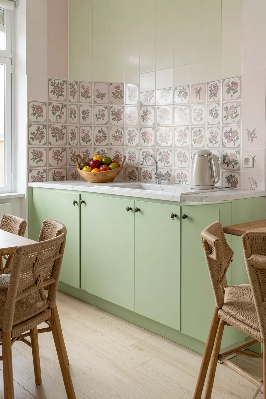 cozinha-atual-com-azulejos-florais-dos-anos-60-armarios-verde-salvia-e-detalhes-de-madeira-natural Azulejos dos anos 60 com móveis atuais: combinações que equilibram o retrô cozinha-atual-com-azulejos-florais-dos-anos-60-armarios-verde-salvia-e-detalhes-de-madeira-natural Azulejos dos anos 60 com móveis atuais: combinações que equilibram o retrô