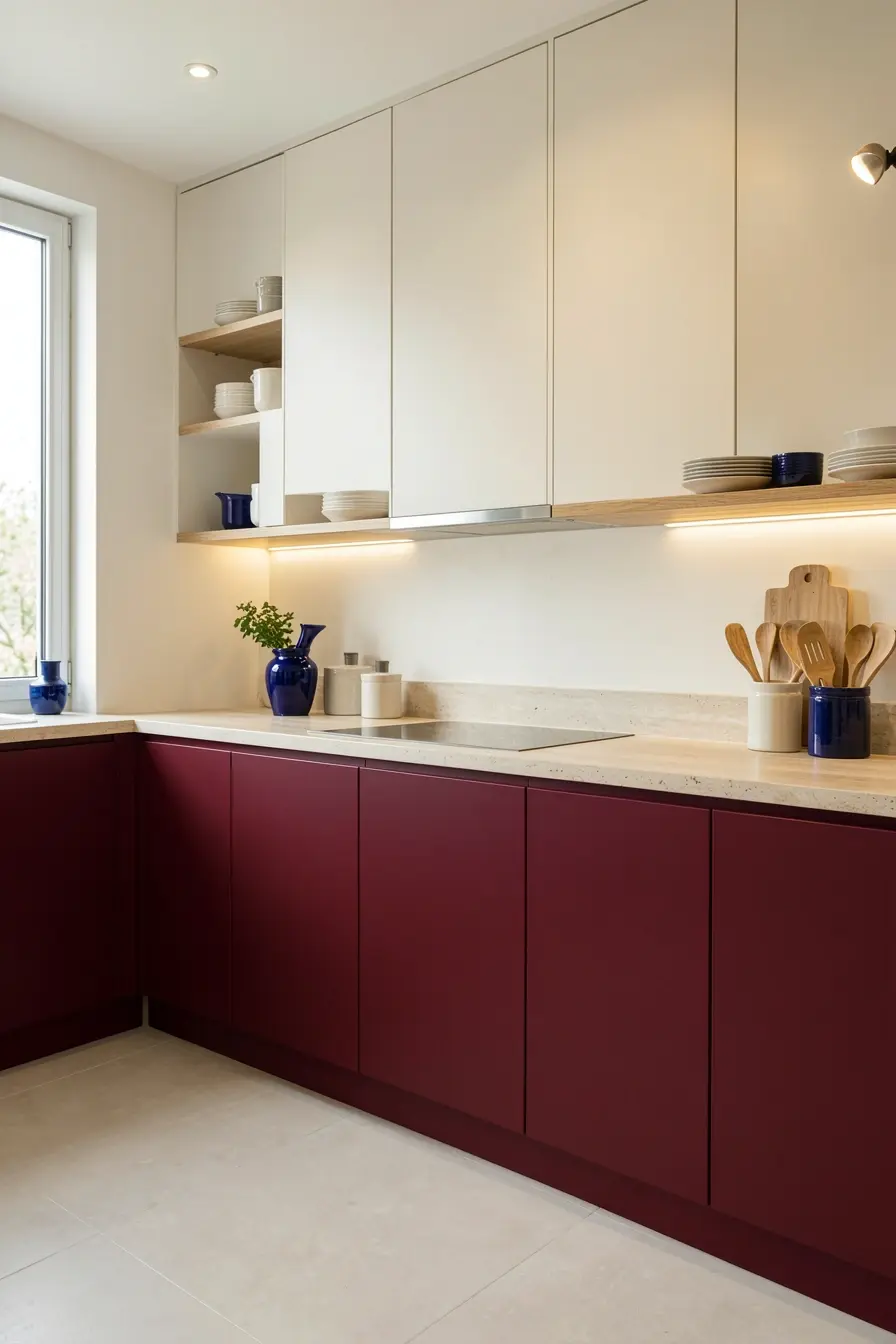 cozinha-com-armarios-marsala-bases-claras-madeira-e-detalhes-azul-profundo-em-composicao-equilibrada Marsala na decoração: combinações de cores para suavizar ou destacar o ambiente cozinha-com-armarios-marsala-bases-claras-madeira-e-detalhes-azul-profundo-em-composicao-equilibrada Marsala na decoração: combinações de cores para suavizar ou destacar o ambiente