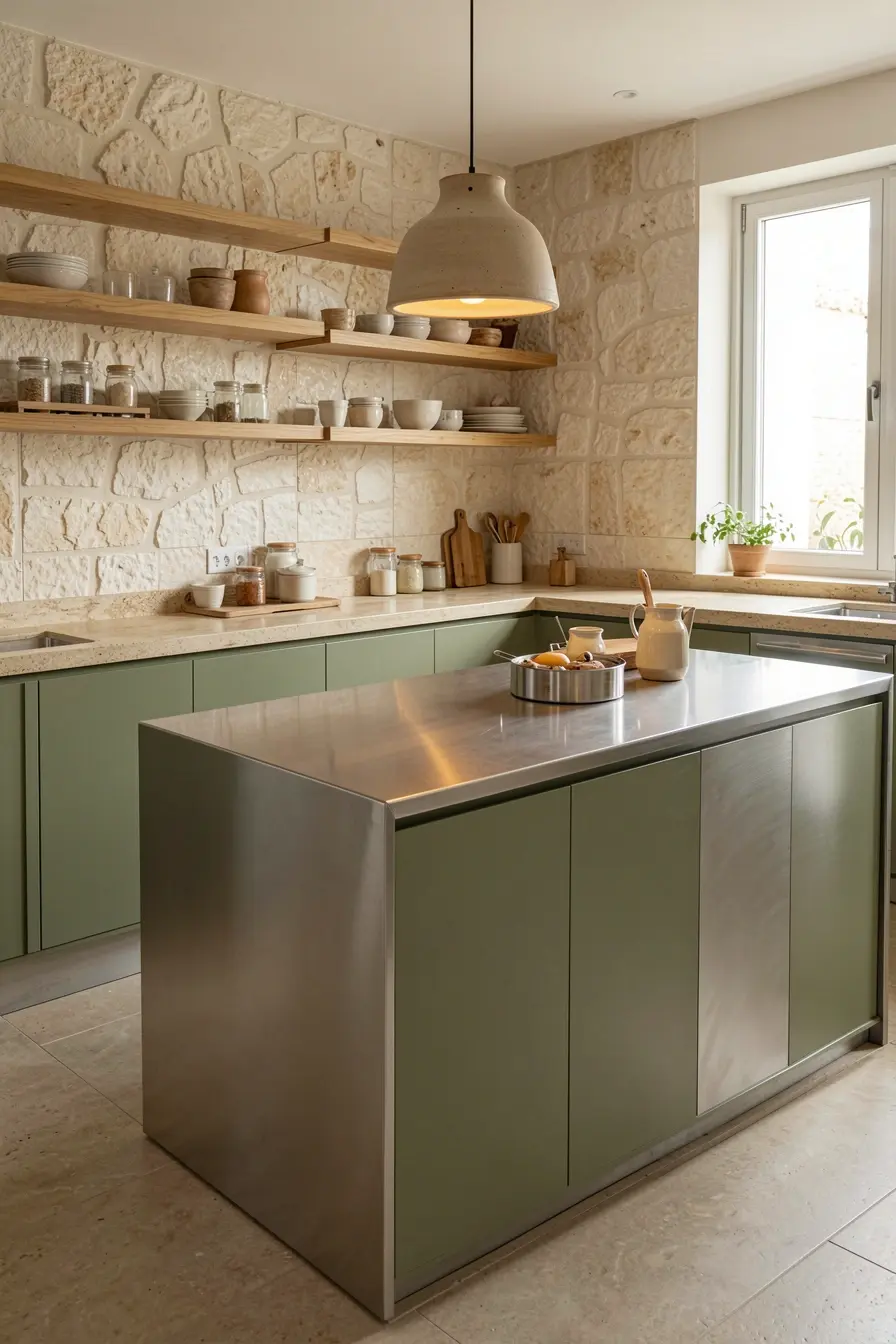 cozinha-com-ilha-de-inox-escovado-equilibrada-por-verde-oliva-fosco-madeira-ceramica-artesanal-e-pedra-bege O inox pode deixar a casa fria? Materiais que equilibram seu brilho na decoração cozinha-com-ilha-de-inox-escovado-equilibrada-por-verde-oliva-fosco-madeira-ceramica-artesanal-e-pedra-bege O inox pode deixar a casa fria? Materiais que equilibram seu brilho na decoração