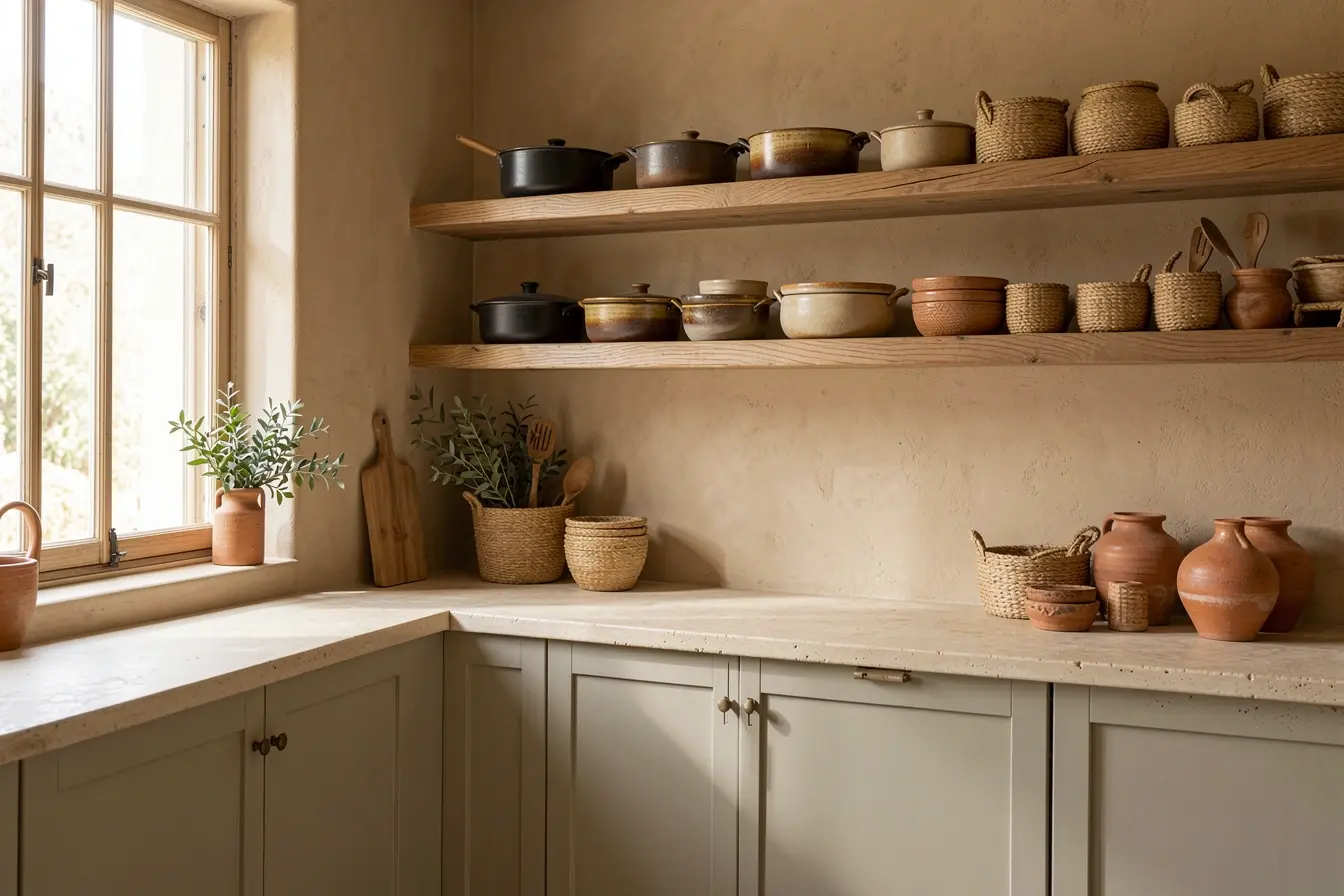 cozinha-rustica-clara-com-armarios-greige-madeira-natural-ceramica-artesanal-e-luz-abundante Decoração rústica sem ambientes escuros: a paleta que ilumina a casa cozinha-rustica-clara-com-armarios-greige-madeira-natural-ceramica-artesanal-e-luz-abundante Decoração rústica sem ambientes escuros: a paleta que ilumina a casa