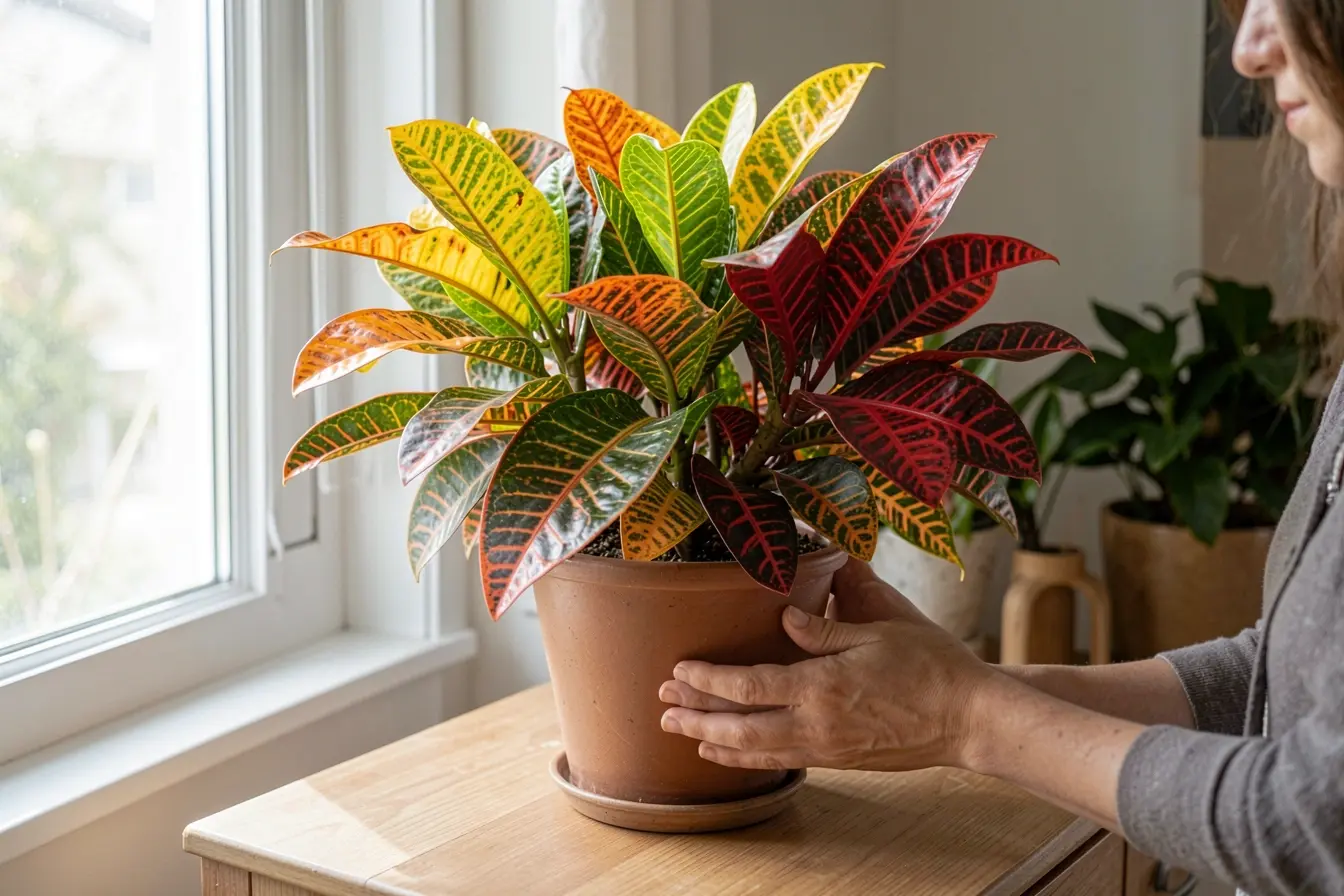 croton-colorido-sendo-girado-perto-da-janela-para-receber-luz-uniforme-em-todos-os-lados A luz pode apagar as cores das plantas: onde posicioná-las dentro de casa croton-colorido-sendo-girado-perto-da-janela-para-receber-luz-uniforme-em-todos-os-lados A luz pode apagar as cores das plantas: onde posicioná-las dentro de casa