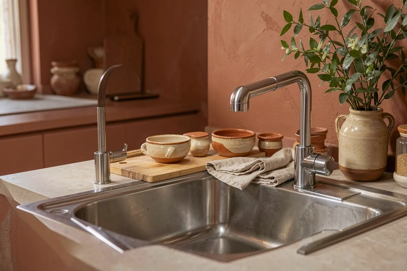 detalhe-de-bancada-de-inox-com-madeira-ceramica-artesanal-linho-e-pintura-em-tom-terroso O inox pode deixar a casa fria? Materiais que equilibram seu brilho na decoração detalhe-de-bancada-de-inox-com-madeira-ceramica-artesanal-linho-e-pintura-em-tom-terroso O inox pode deixar a casa fria? Materiais que equilibram seu brilho na decoração