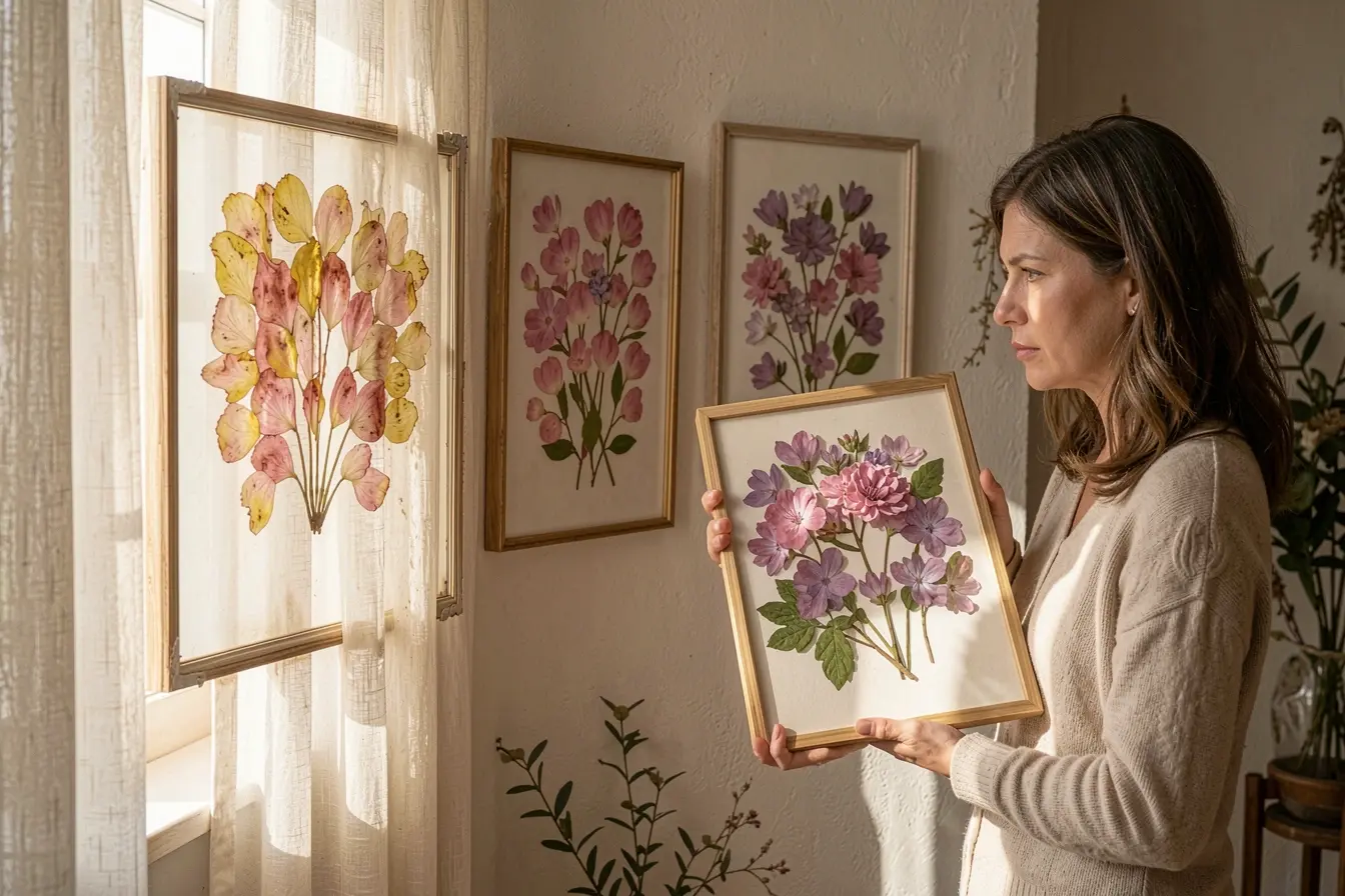 dois-quadros-de-flores-prensadas-mostram-o-efeito-da-luz-solar-direta-sobre-as-petalas-em-uma-sala-decorada Para a flor prensada durar na parede, o inimigo pode ser a luz dois-quadros-de-flores-prensadas-mostram-o-efeito-da-luz-solar-direta-sobre-as-petalas-em-uma-sala-decorada Para a flor prensada durar na parede, o inimigo pode ser a luz
