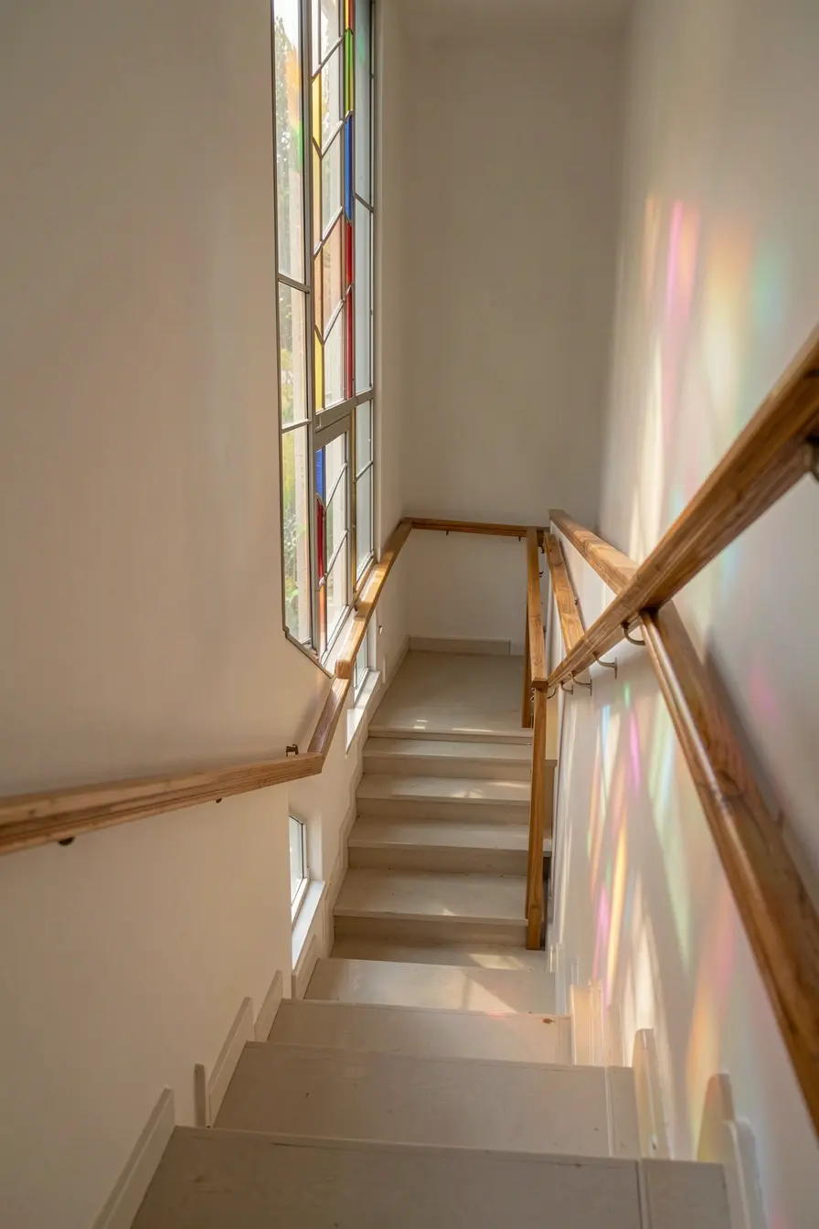 escada-residencial-com-vitral-lateral-criando-profundidade-e-reflexos-coloridos-nos-degraus Nem toda parede merece um vitral: os ambientes que valorizam luz e transparência escada-residencial-com-vitral-lateral-criando-profundidade-e-reflexos-coloridos-nos-degraus Nem toda parede merece um vitral: os ambientes que valorizam luz e transparência