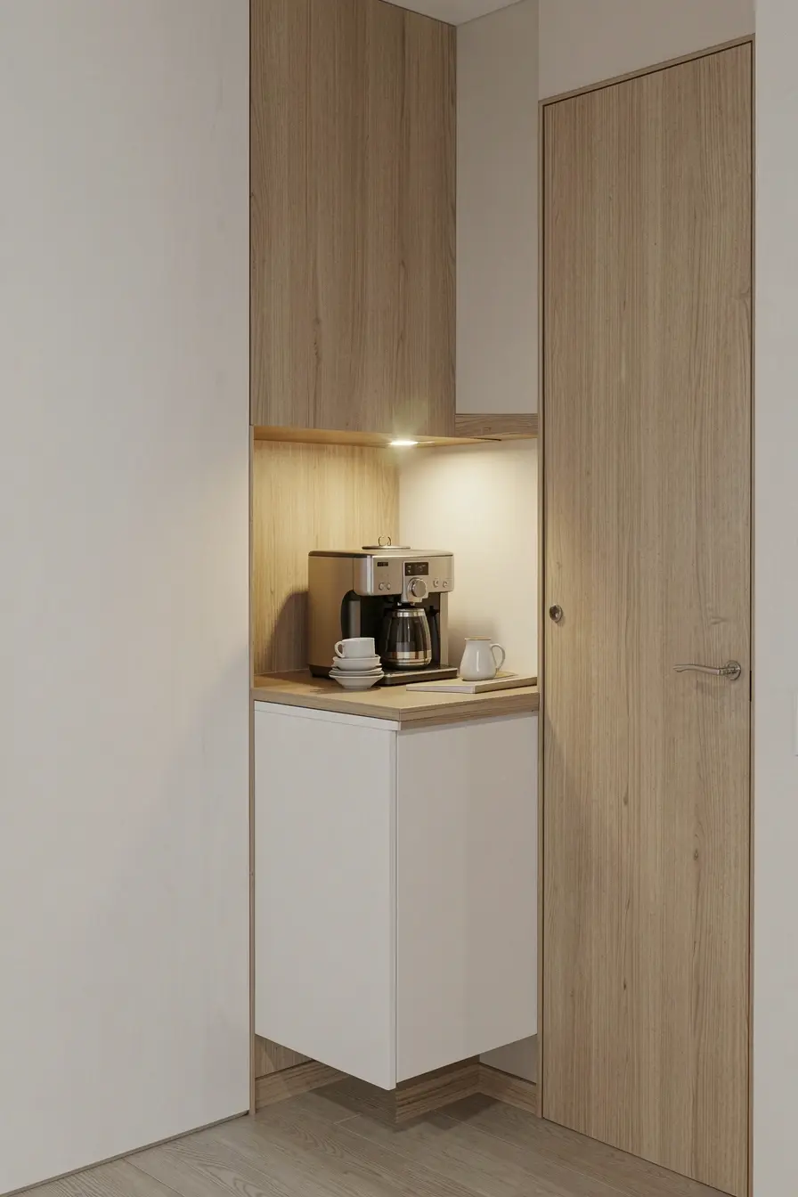 estacao-de-cafe-ao-lado-do-armario-com-iluminacao-quente-e-objetos-essenciais-organizados Quando falta espaço, o cantinho do café pode caber onde você menos espera estacao-de-cafe-ao-lado-do-armario-com-iluminacao-quente-e-objetos-essenciais-organizados Quando falta espaço, o cantinho do café pode caber onde você menos espera