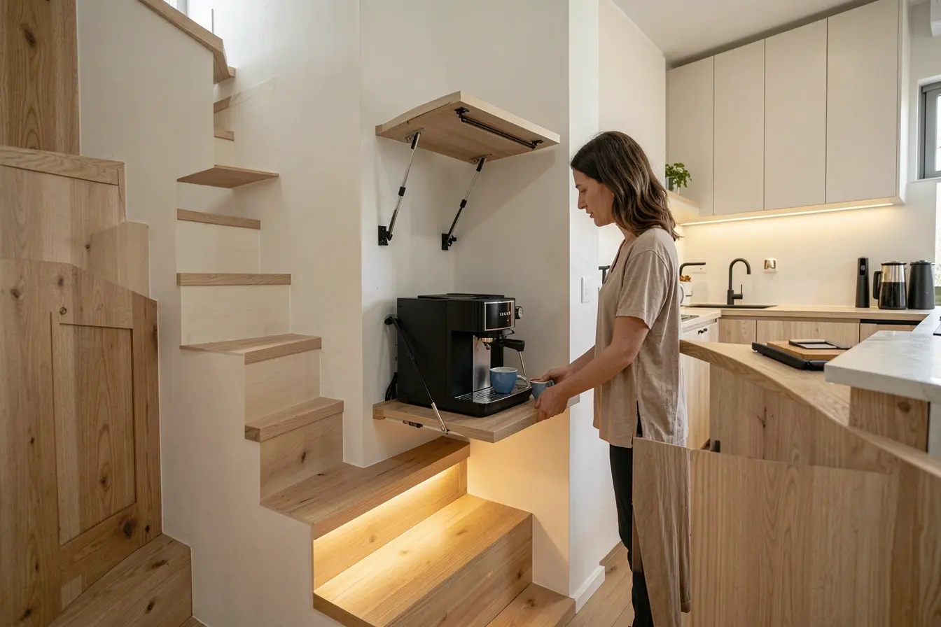estacao-de-cafe-compacta-instalada-sob-a-escada-com-prateleira-retratil-e-cafeteira-integrada Quando falta espaço, o cantinho do café pode caber onde você menos espera estacao-de-cafe-compacta-instalada-sob-a-escada-com-prateleira-retratil-e-cafeteira-integrada Quando falta espaço, o cantinho do café pode caber onde você menos espera