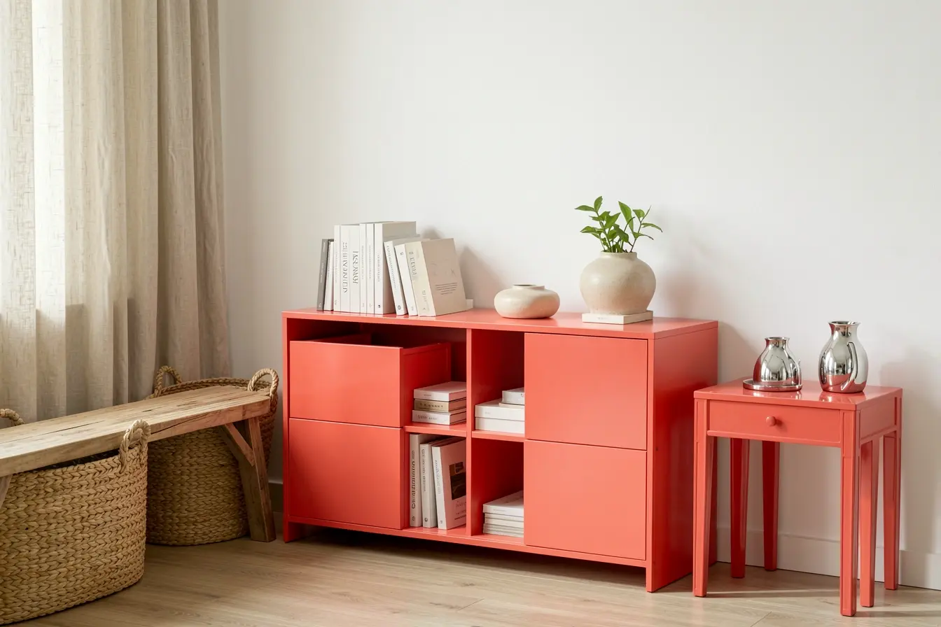 estante-coral-com-materiais-naturais-e-superficies-brilhantes-mostrando-diferentes-intensidades-visuais Quando o móvel colorido vira protagonista, paredes e tecidos pedem outro papel estante-coral-com-materiais-naturais-e-superficies-brilhantes-mostrando-diferentes-intensidades-visuais Quando o móvel colorido vira protagonista, paredes e tecidos pedem outro papel