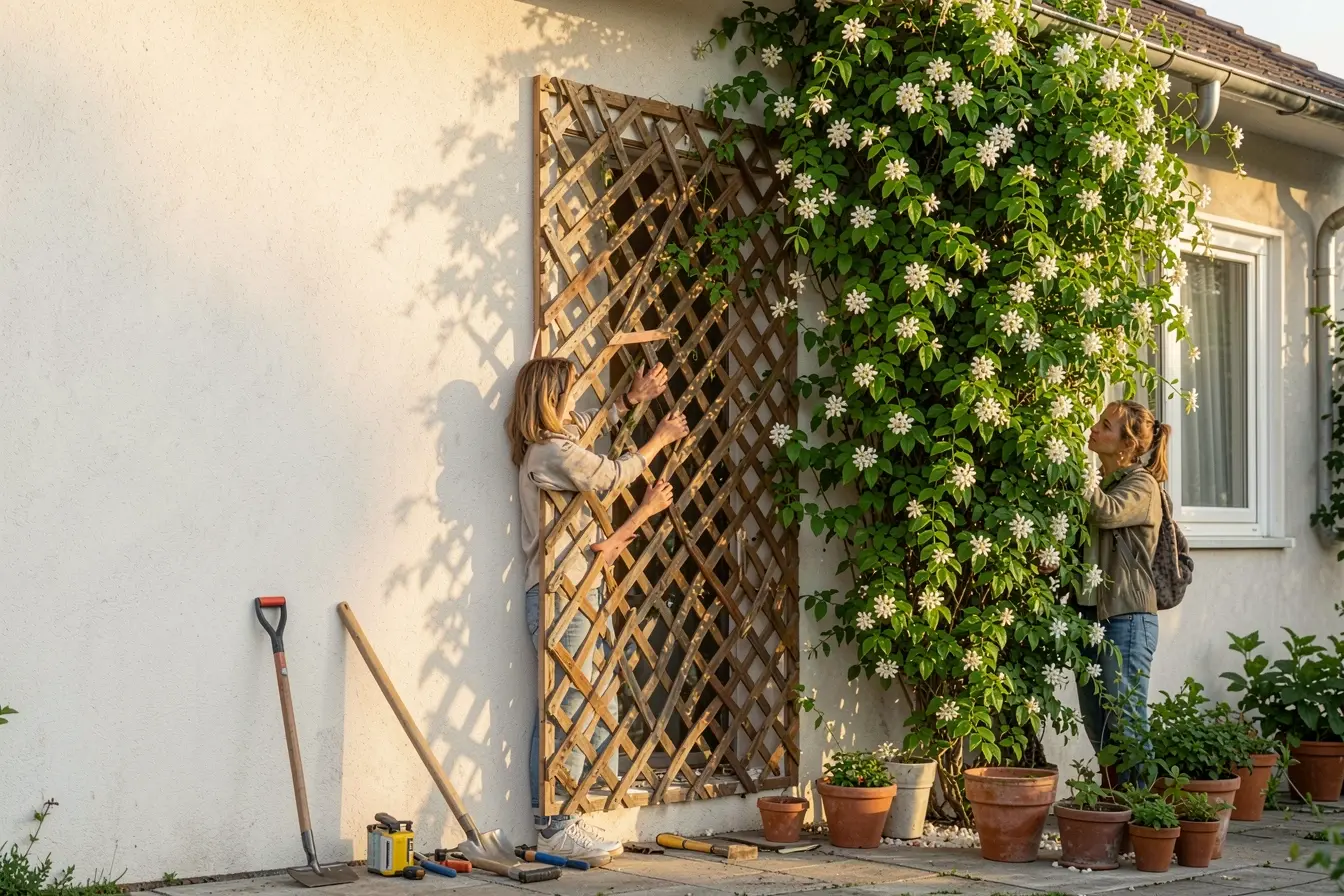 fachada-florida-com-jasmim-estrela-em-trelica-afastada-da-parede-durante-transformacao-do-jardim Fachadas com flores: espécies trepadeiras que embelezam sem danificar a parede fachada-florida-com-jasmim-estrela-em-trelica-afastada-da-parede-durante-transformacao-do-jardim Fachadas com flores: espécies trepadeiras que embelezam sem danificar a parede