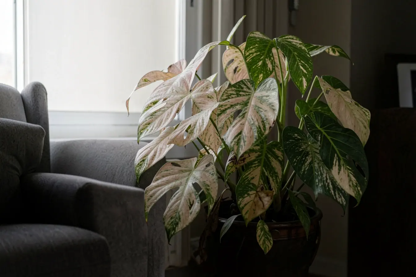 filodendro-variegado-em-canto-escuro-com-brotos-verdes-e-perda-de-contraste-nas-folhas A luz pode apagar as cores das plantas: onde posicioná-las dentro de casa filodendro-variegado-em-canto-escuro-com-brotos-verdes-e-perda-de-contraste-nas-folhas A luz pode apagar as cores das plantas: onde posicioná-las dentro de casa