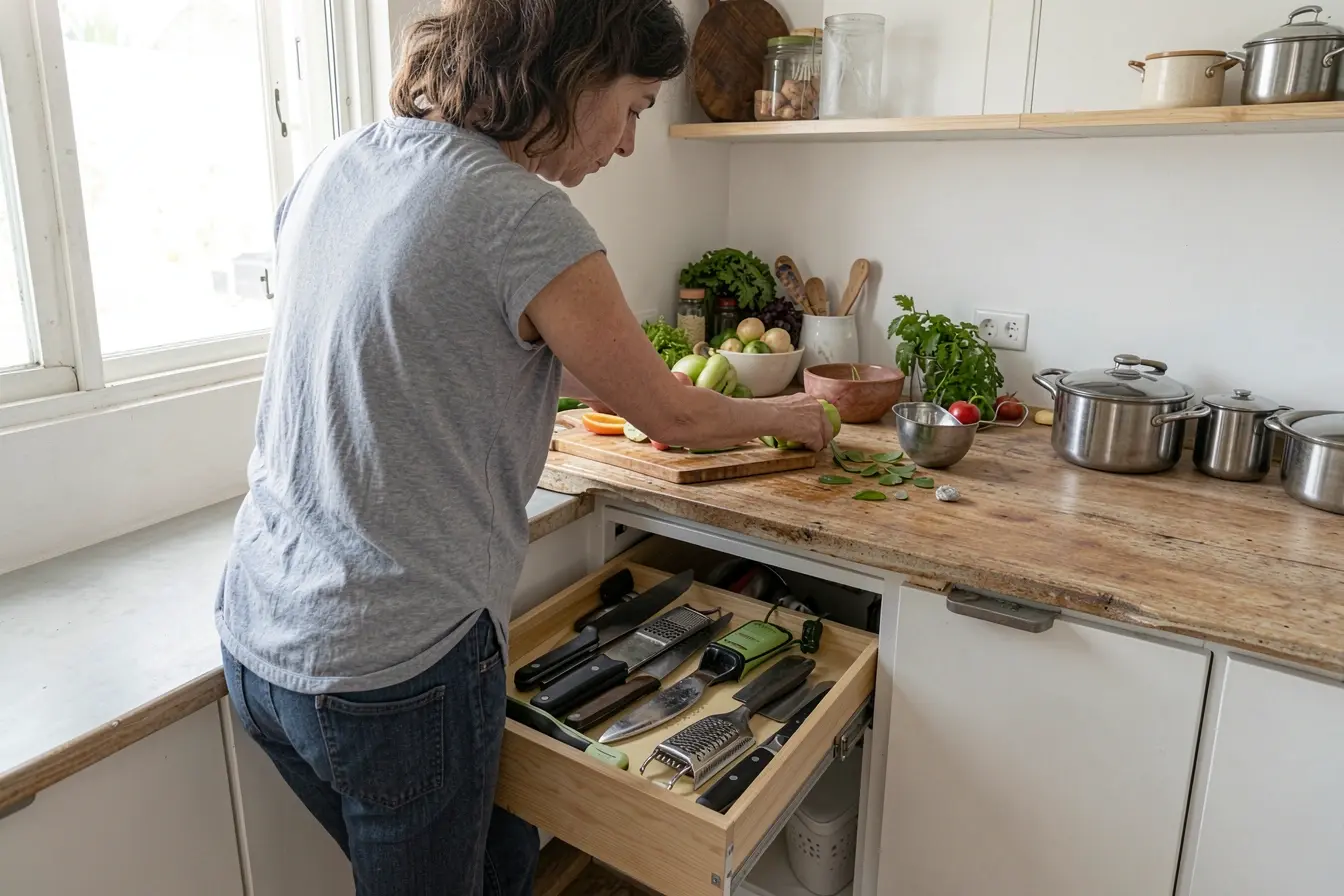 gaveta-rasa-proxima-a-area-de-preparo-reune-utensilios-diarios-e-melhora-a-ergonomia-da-cozinha-pequena Onde guardar tudo quando a cozinha pequena também tem uma ilha gaveta-rasa-proxima-a-area-de-preparo-reune-utensilios-diarios-e-melhora-a-ergonomia-da-cozinha-pequena Onde guardar tudo quando a cozinha pequena também tem uma ilha