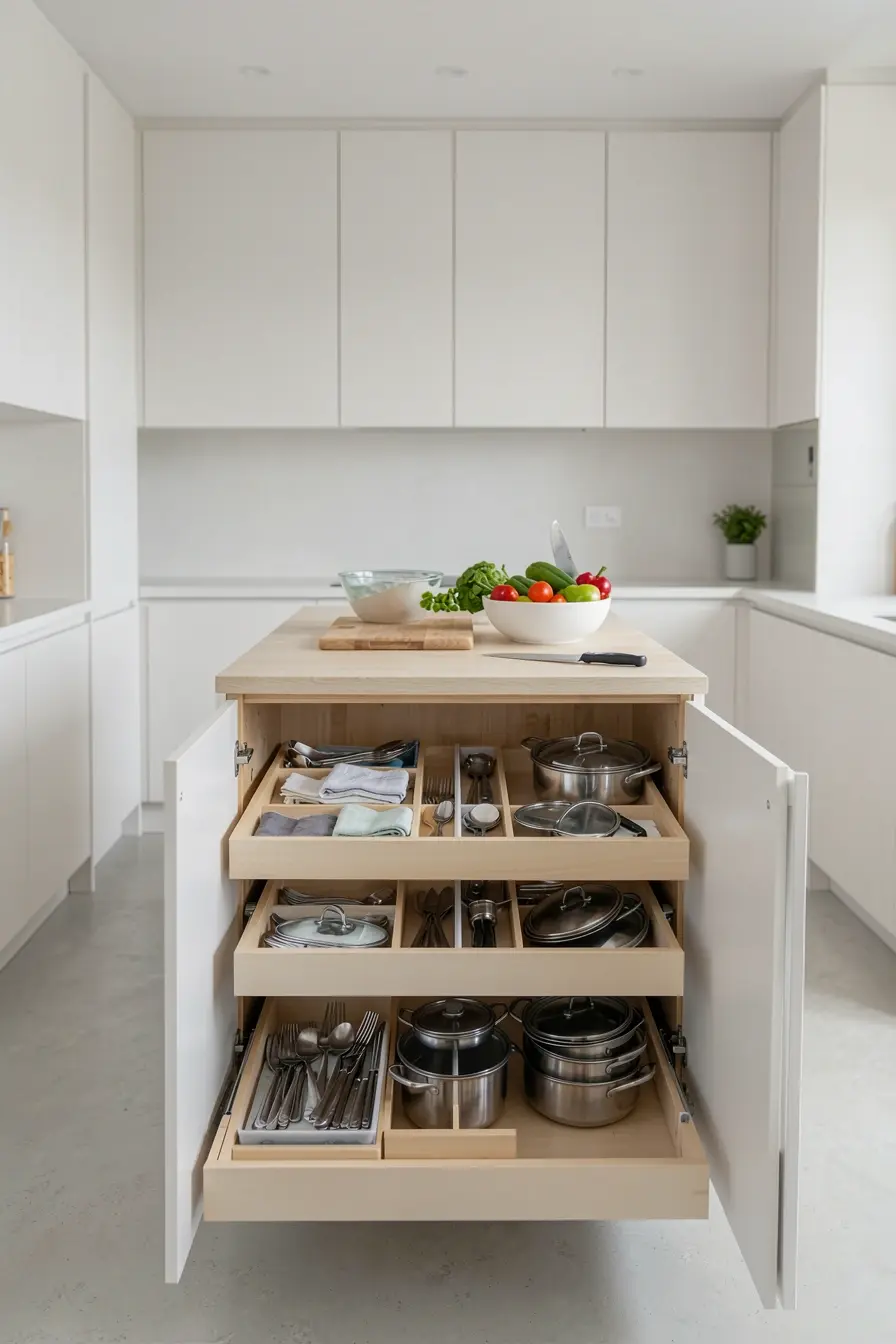 gavetas-rasas-e-gavetao-da-ilha-organizam-utensilios-talheres-e-panelas-em-uma-cozinha-pequena Onde guardar tudo quando a cozinha pequena também tem uma ilha gavetas-rasas-e-gavetao-da-ilha-organizam-utensilios-talheres-e-panelas-em-uma-cozinha-pequena Onde guardar tudo quando a cozinha pequena também tem uma ilha