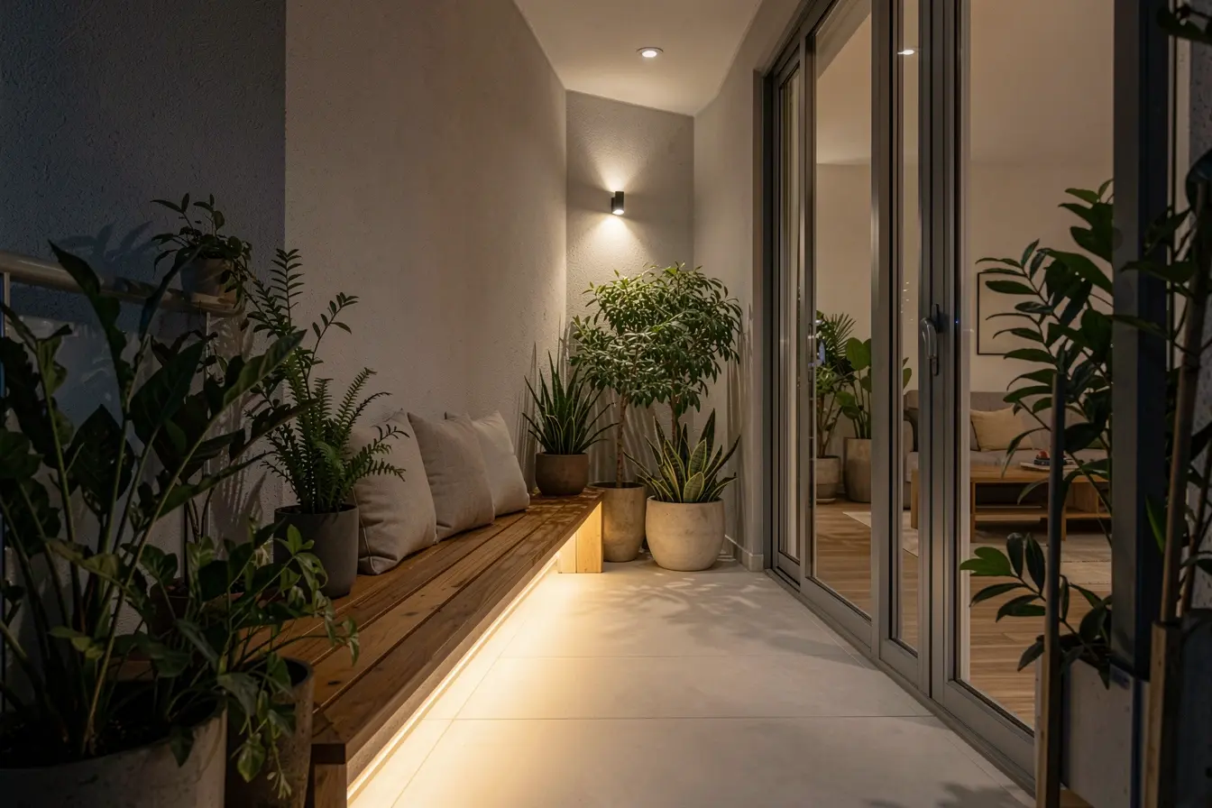 iluminacao-baixa-sob-o-banco-e-nas-plantas-cria-continuidade-visual-em-uma-sacada-pequena A iluminação certa faz a sacada do apartamento parecer maior depois que o sol vai embora iluminacao-baixa-sob-o-banco-e-nas-plantas-cria-continuidade-visual-em-uma-sacada-pequena A iluminação certa faz a sacada do apartamento parecer maior depois que o sol vai embora