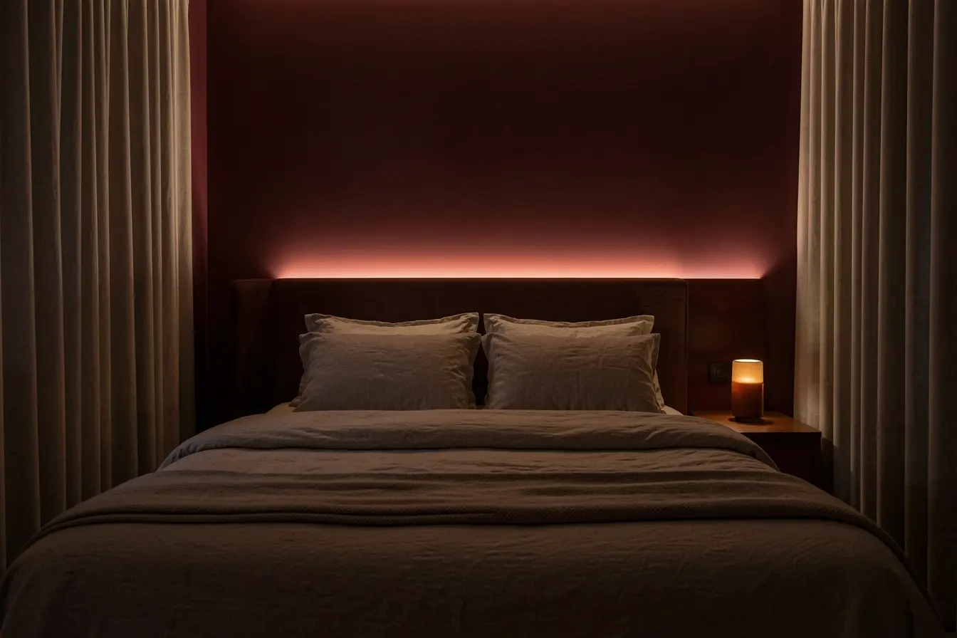 iluminacao-indireta-suavizando-uma-parede-escura-e-criando-clima-acolhedor-no-quarto A luz certa valoriza a parede de destaque no quarto e muda o clima antes de dormir iluminacao-indireta-suavizando-uma-parede-escura-e-criando-clima-acolhedor-no-quarto A luz certa valoriza a parede de destaque no quarto e muda o clima antes de dormir