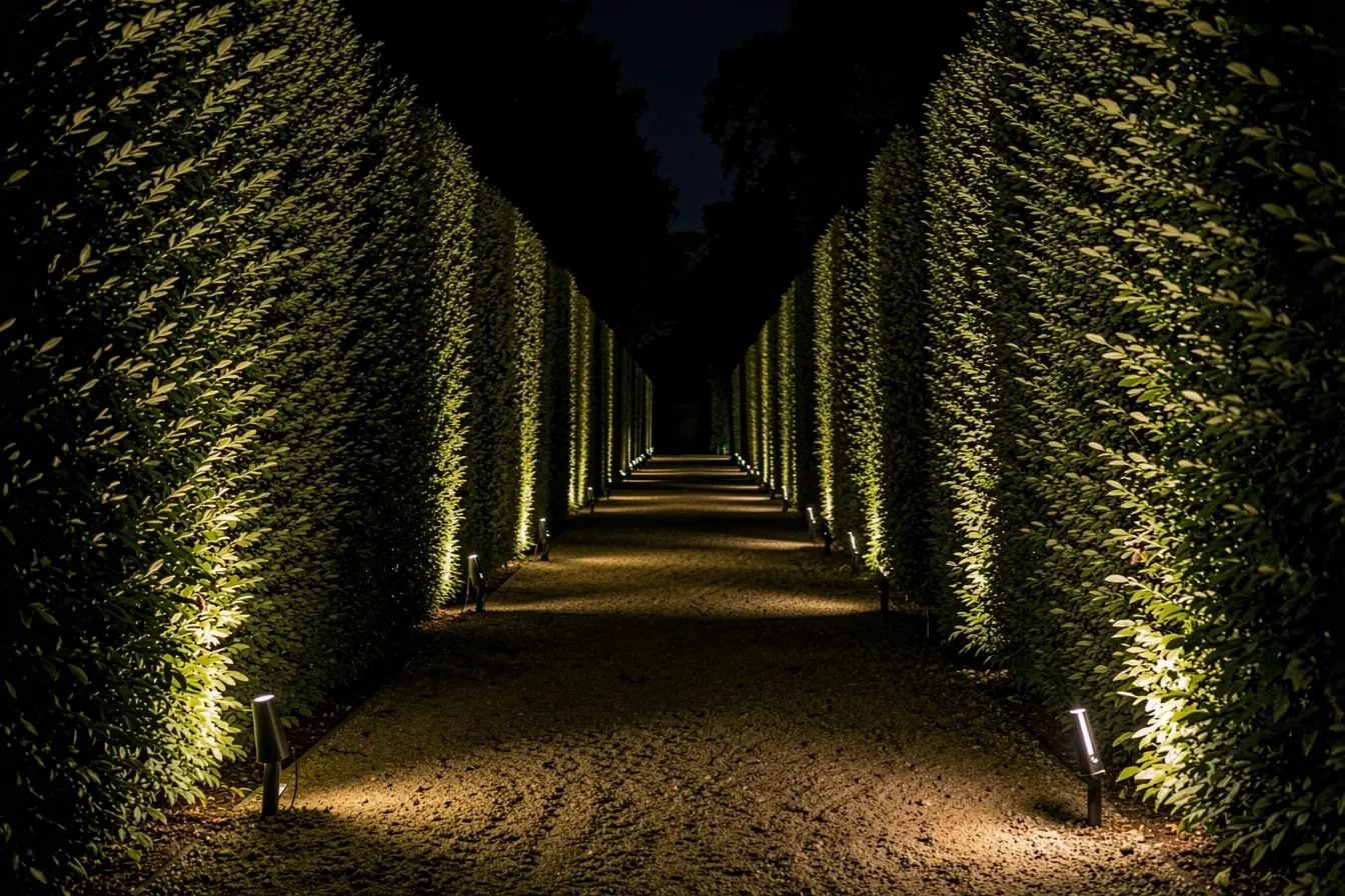 iluminacao-lateral-destaca-sebes-e-topiarias-geometricas-em-uma-alameda-de-jardim-frances Quando escurece, a simetria do jardim francês pede uma iluminação cuidadosa iluminacao-lateral-destaca-sebes-e-topiarias-geometricas-em-uma-alameda-de-jardim-frances Quando escurece, a simetria do jardim francês pede uma iluminação cuidadosa