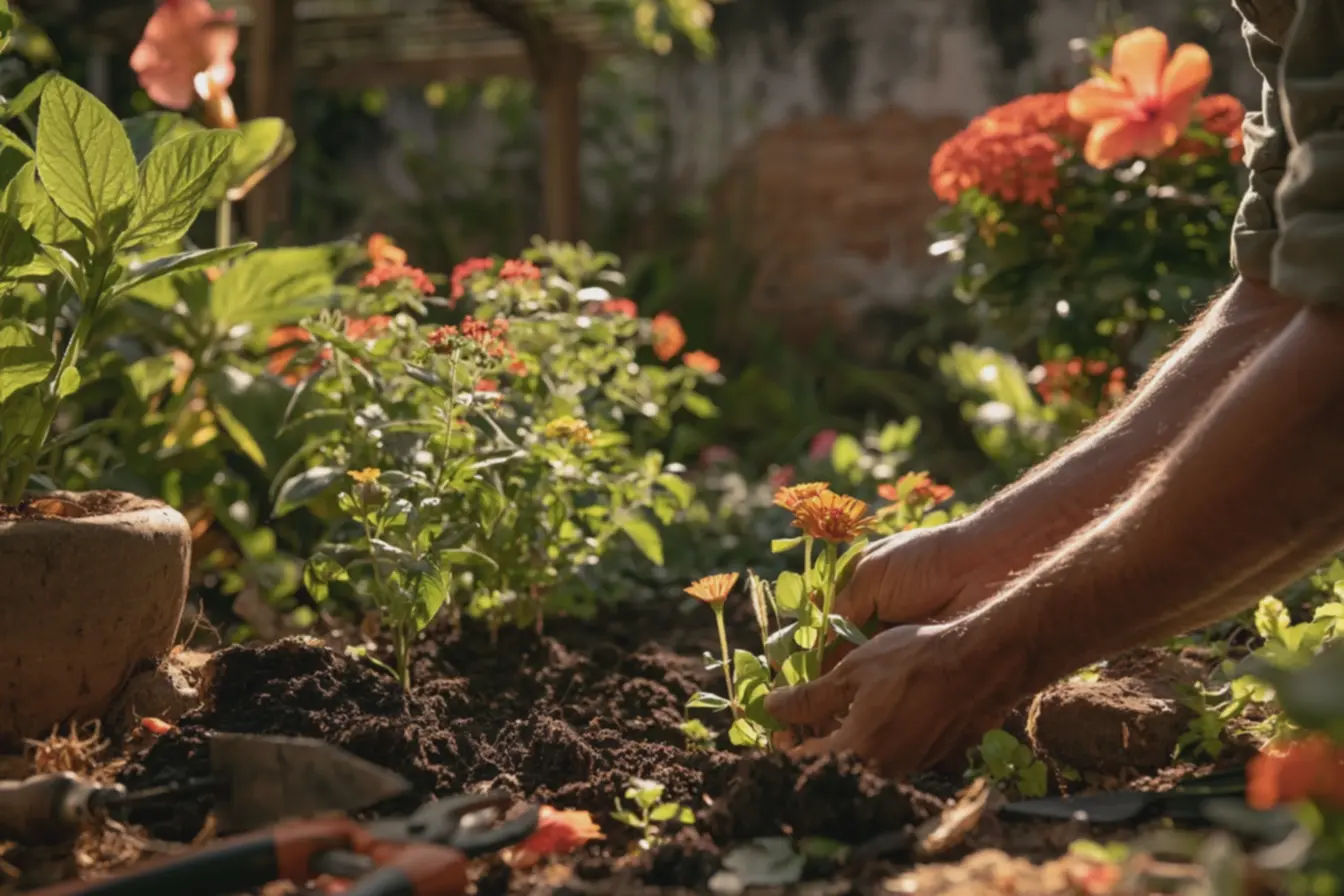 jardineiro-plantando-mudas-de-zinnia-e-tagete-em-canteiro-com-solo-escuro-emjardim-brasileiro-na-transicao-de-estacoes As mais lindas flores pra você usar no seu jardim e que florescem o ano todo jardineiro-plantando-mudas-de-zinnia-e-tagete-em-canteiro-com-solo-escuro-emjardim-brasileiro-na-transicao-de-estacoes As mais lindas flores pra você usar no seu jardim e que florescem o ano todo