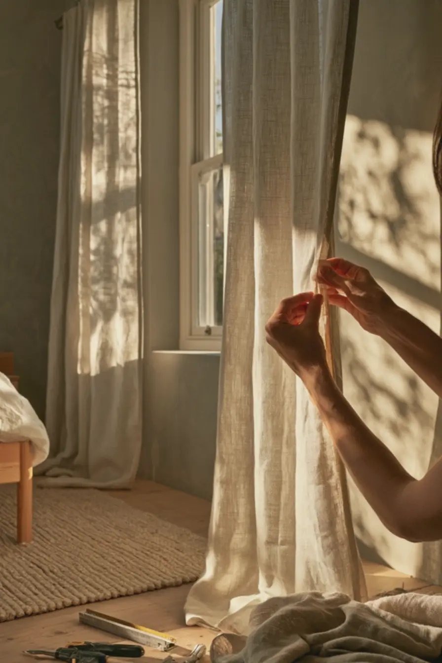 mao-ajustando-trilho-duplo-de-cortinas-com-camada-de-linho-claro-e-blackout-paracontrole-de-luminosidade O quarto bonito não precisa parecer uma suíte de showroom mao-ajustando-trilho-duplo-de-cortinas-com-camada-de-linho-claro-e-blackout-paracontrole-de-luminosidade O quarto bonito não precisa parecer uma suíte de showroom