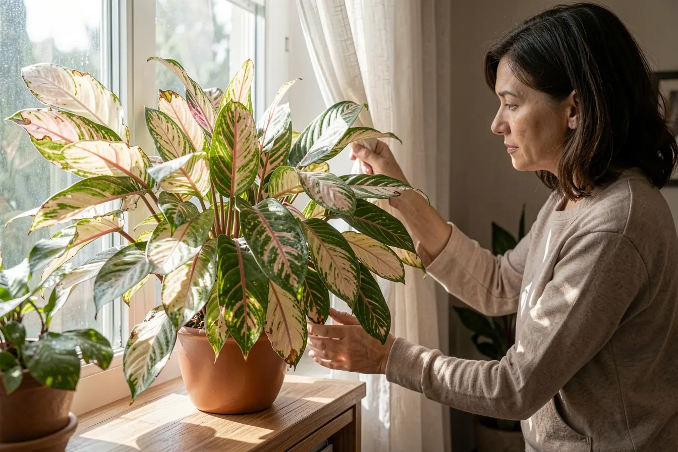 maranta-com-folhas-desbotadas-sob-sol-direto-e-cores-preservadas-atras-de-cortina-em-sala-iluminada A luz pode apagar as cores das plantas: onde posicioná-las dentro de casa maranta-com-folhas-desbotadas-sob-sol-direto-e-cores-preservadas-atras-de-cortina-em-sala-iluminada A luz pode apagar as cores das plantas: onde posicioná-las dentro de casa