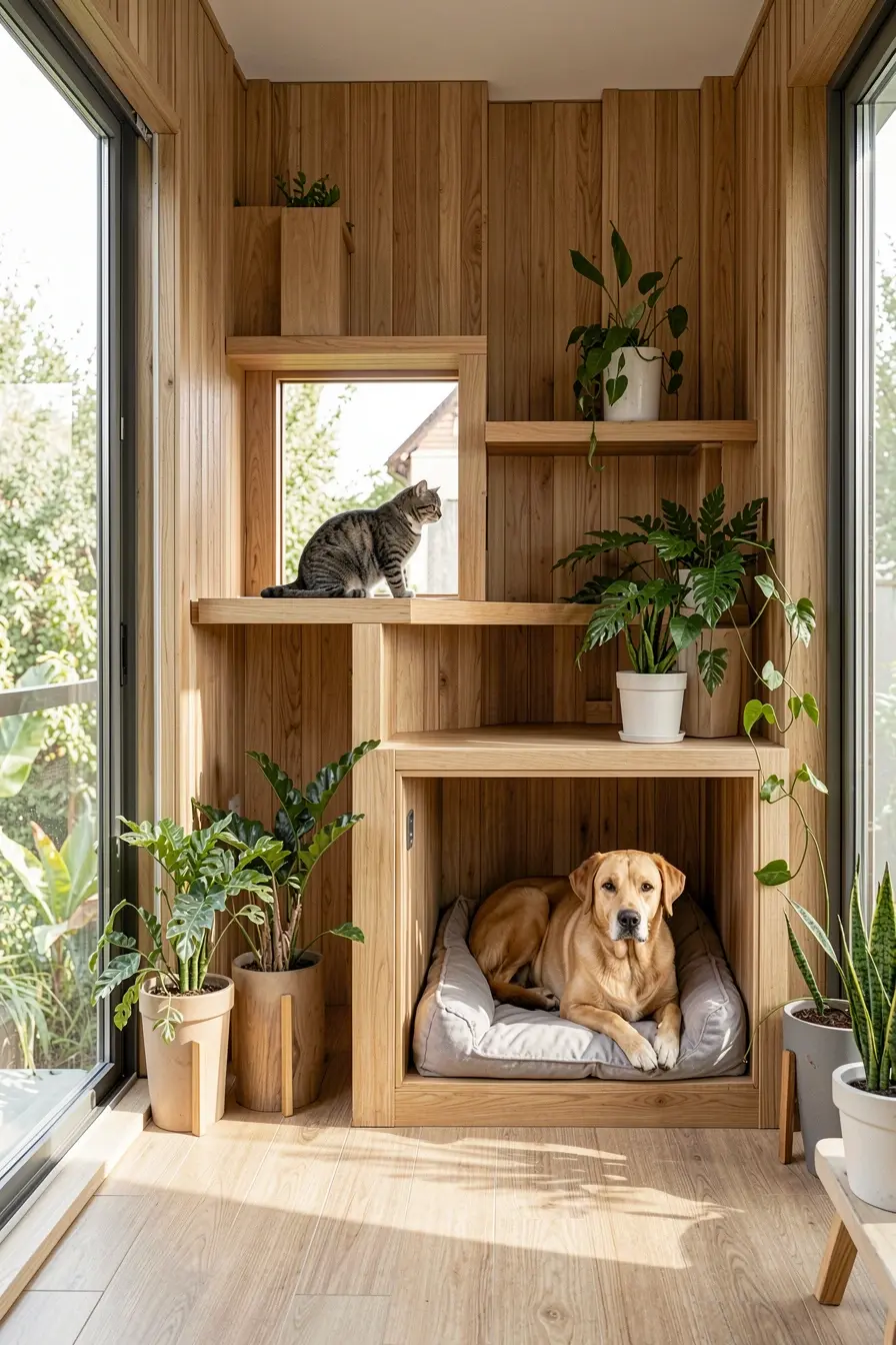 marcenaria-integrada-com-plataforma-elevada-para-gato-e-descanso-protegido-para-cao-na-sala Nichos, passagens e áreas de descanso: a marcenaria pensada para cães e gatos marcenaria-integrada-com-plataforma-elevada-para-gato-e-descanso-protegido-para-cao-na-sala Nichos, passagens e áreas de descanso: a marcenaria pensada para cães e gatos