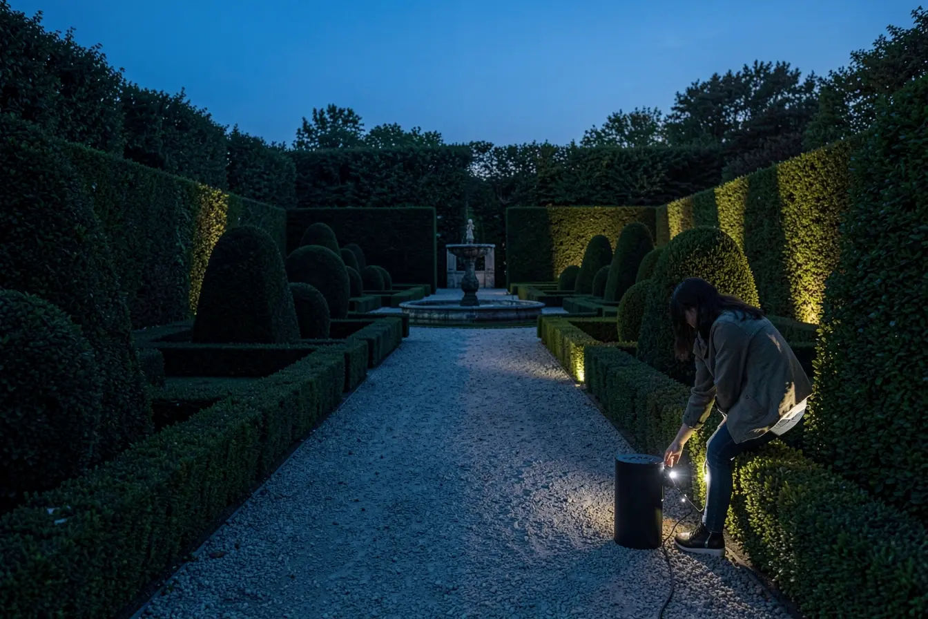 mulher-ajusta-iluminacao-lateral-que-revela-a-simetria-de-um-jardim-frances-ao-anoitecer Quando escurece, a simetria do jardim francês pede uma iluminação cuidadosa mulher-ajusta-iluminacao-lateral-que-revela-a-simetria-de-um-jardim-frances-ao-anoitecer Quando escurece, a simetria do jardim francês pede uma iluminação cuidadosa