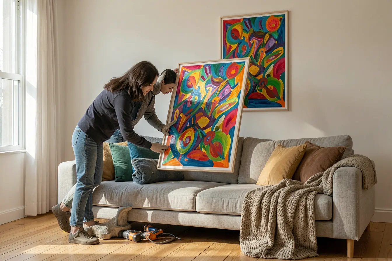 mulher-ajusta-quadro-sobre-sofa-e-compara-uma-posicao-alta-demais-com-uma-composicao-visualmente-equilibrada A altura dos quadros pode deixar a parede elegante ou visualmente desconfortável mulher-ajusta-quadro-sobre-sofa-e-compara-uma-posicao-alta-demais-com-uma-composicao-visualmente-equilibrada A altura dos quadros pode deixar a parede elegante ou visualmente desconfortável