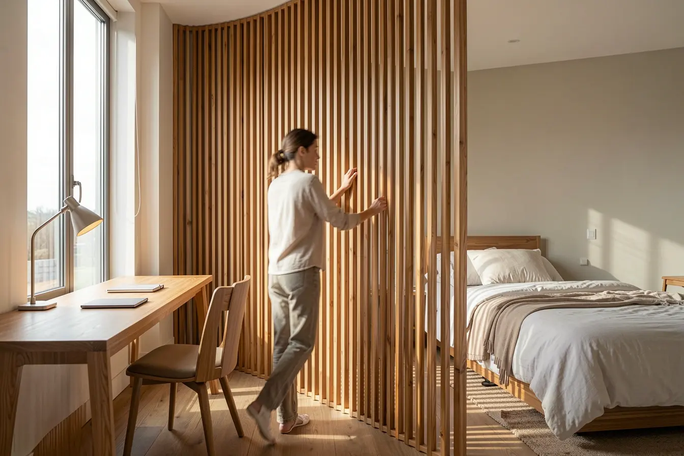 mulher-desliza-divisoria-de-ripas-entre-cama-e-escritorio-iluminado-no-quarto Uma divisória leve pode separar trabalho e descanso sem escurecer o quarto mulher-desliza-divisoria-de-ripas-entre-cama-e-escritorio-iluminado-no-quarto Uma divisória leve pode separar trabalho e descanso sem escurecer o quarto