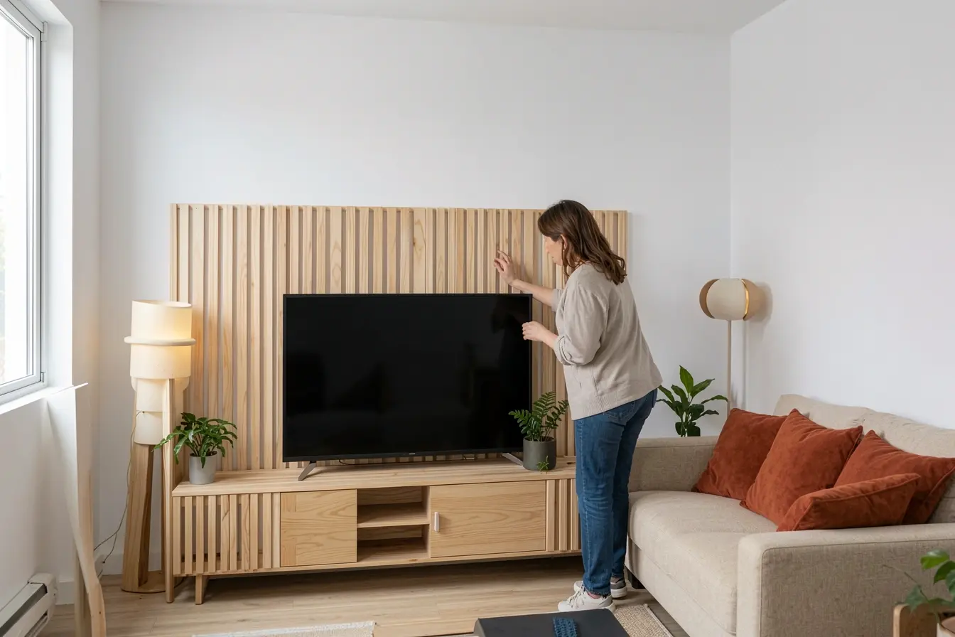 mulher-instalando-painel-de-madeira-clara-atras-da-televisao-em-sala-pequena-sem-bloquear-a-sensacao-de-espaco Painel de madeira em sala pequena: onde ele funciona sem pesar no ambiente mulher-instalando-painel-de-madeira-clara-atras-da-televisao-em-sala-pequena-sem-bloquear-a-sensacao-de-espaco Painel de madeira em sala pequena: onde ele funciona sem pesar no ambiente