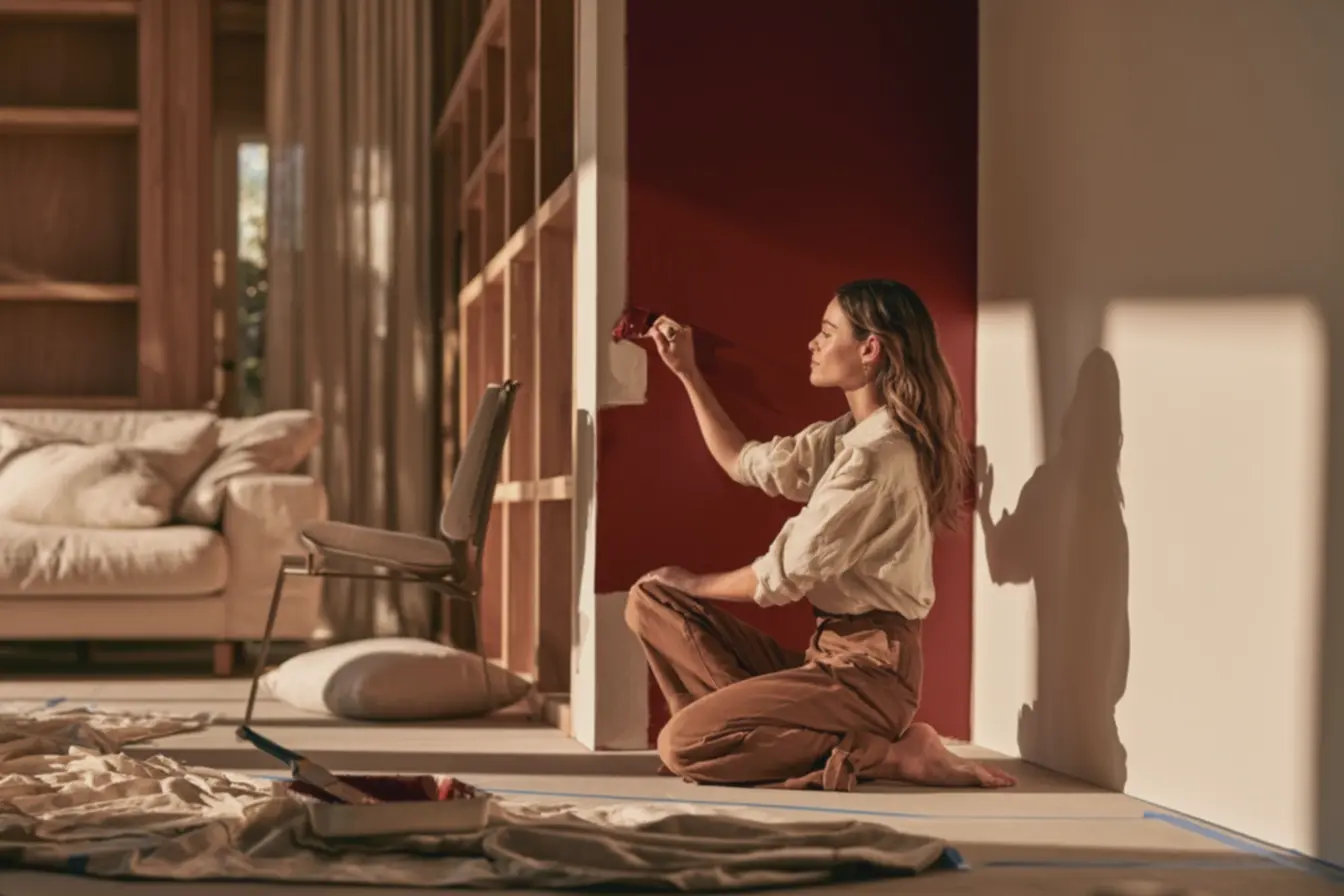 mulher-pintando-painel-marsala-em-sala-de-estar-com-parede-off-white-e-estantede-madeira Exemplos de decoração marsala que encantam pela beleza e elegância mulher-pintando-painel-marsala-em-sala-de-estar-com-parede-off-white-e-estantede-madeira Exemplos de decoração marsala que encantam pela beleza e elegância