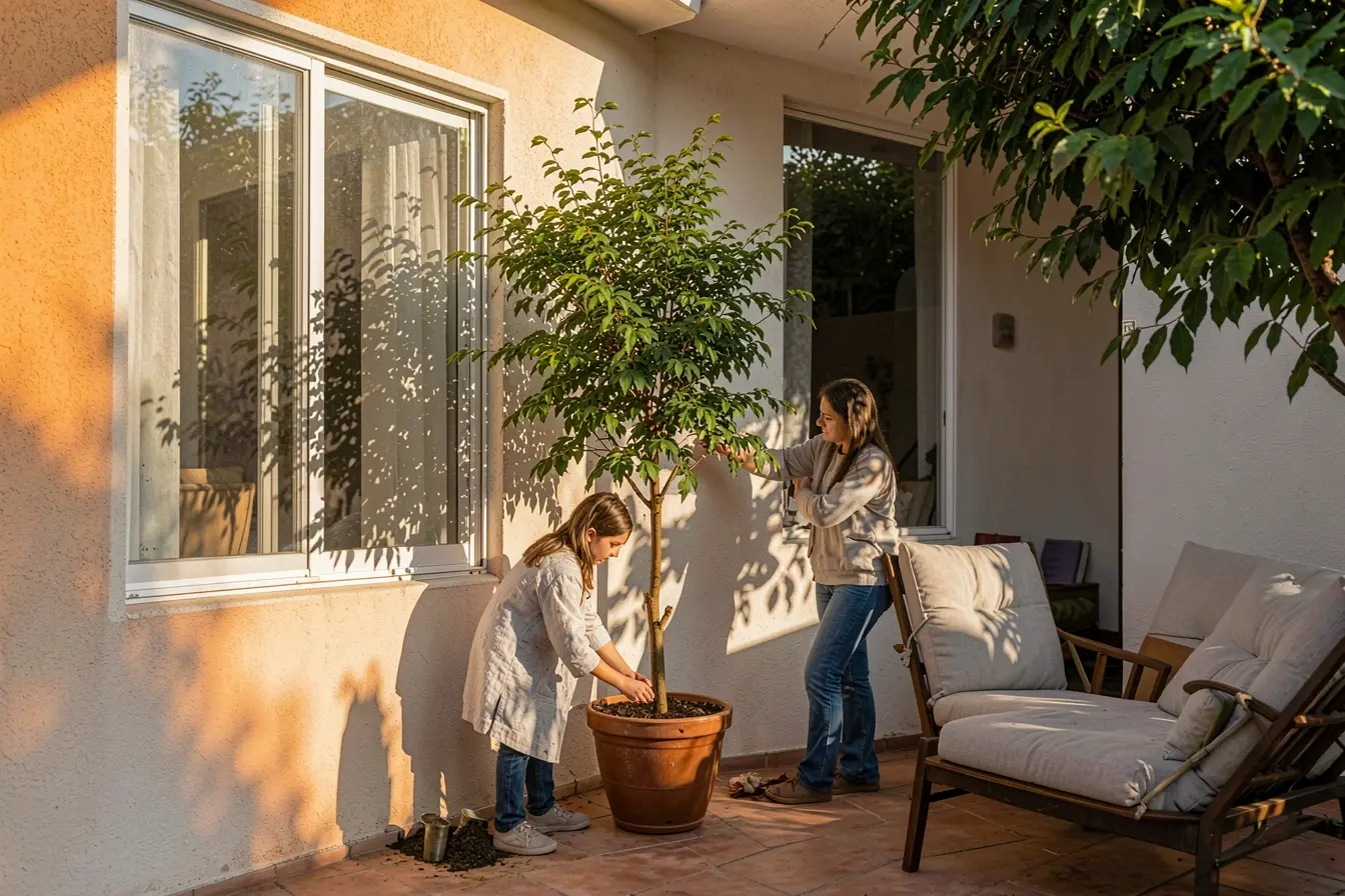mulher-posiciona-uma-arvore-para-criar-sombra-sobre-a-janela-e-refrescar-a-fachada-da-casa O jardim que refresca a casa começa na escolha do lugar para plantar mulher-posiciona-uma-arvore-para-criar-sombra-sobre-a-janela-e-refrescar-a-fachada-da-casa O jardim que refresca a casa começa na escolha do lugar para plantar