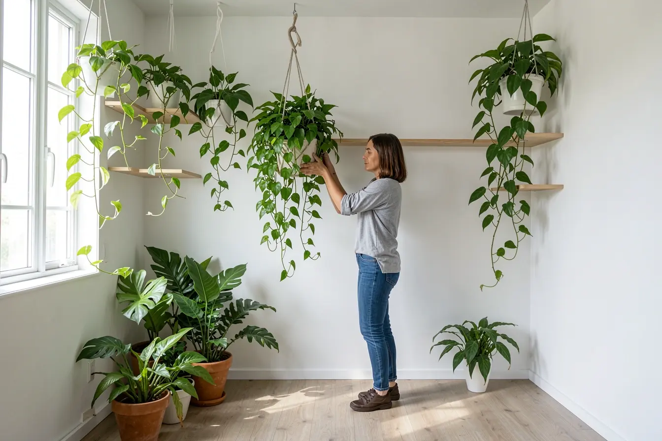 mulher-reorganizando-vasos-em-uma-composicao-de-plantas-suspensas-para-liberar-a-circulacao-da-sala Plantas fora do chão: soluções para ganhar verde sem comprometer a circulação mulher-reorganizando-vasos-em-uma-composicao-de-plantas-suspensas-para-liberar-a-circulacao-da-sala Plantas fora do chão: soluções para ganhar verde sem comprometer a circulação
